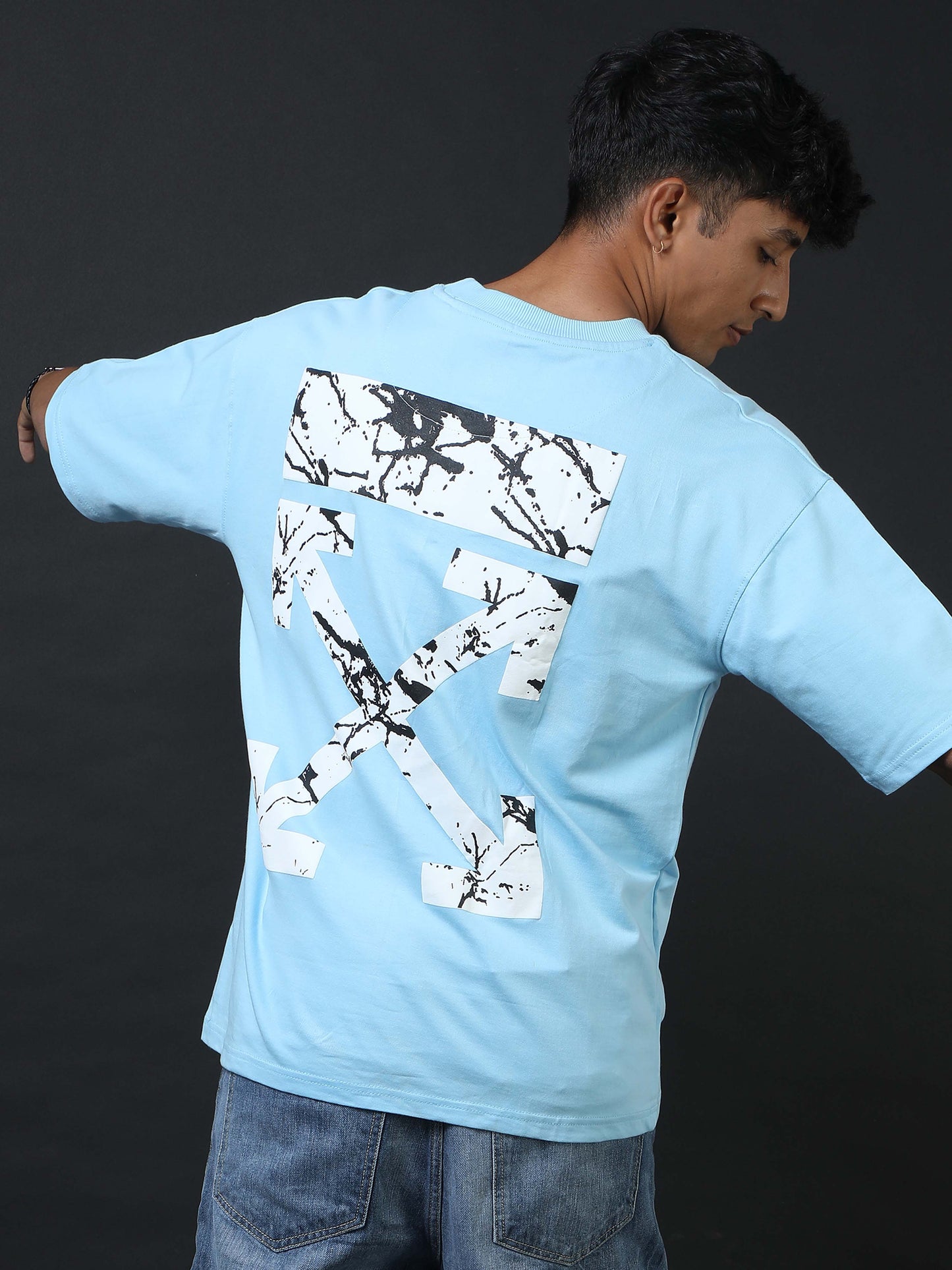 Direction Sky Blue Printed Oversized Tee