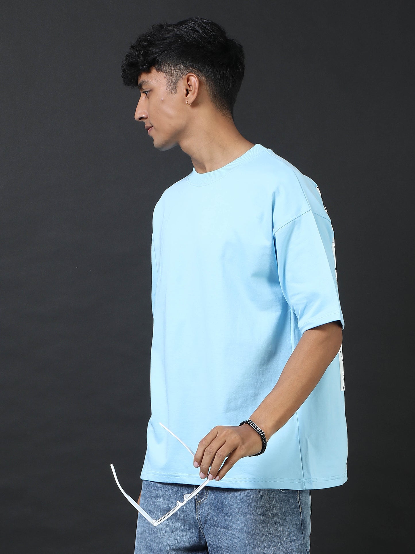 Direction Sky Blue Printed Oversized Tee