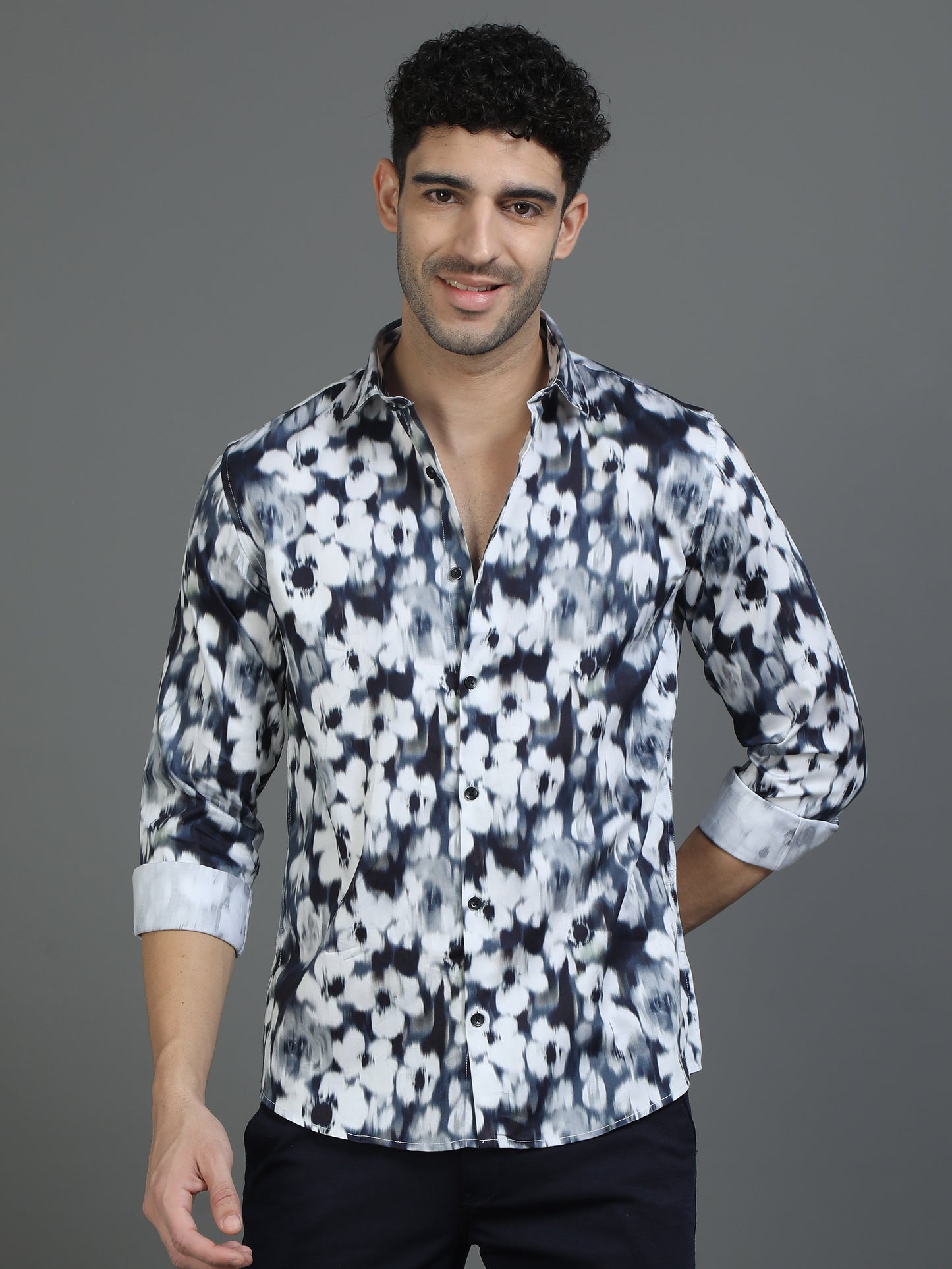 Navy & White Floral Printed Shirt