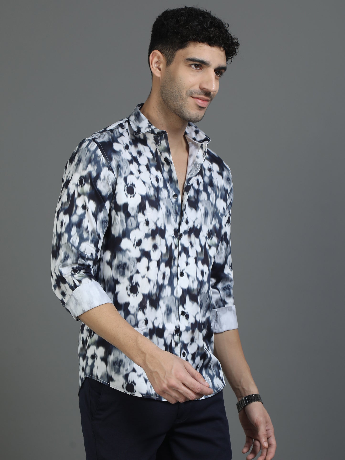 Navy & White Floral Printed Shirt