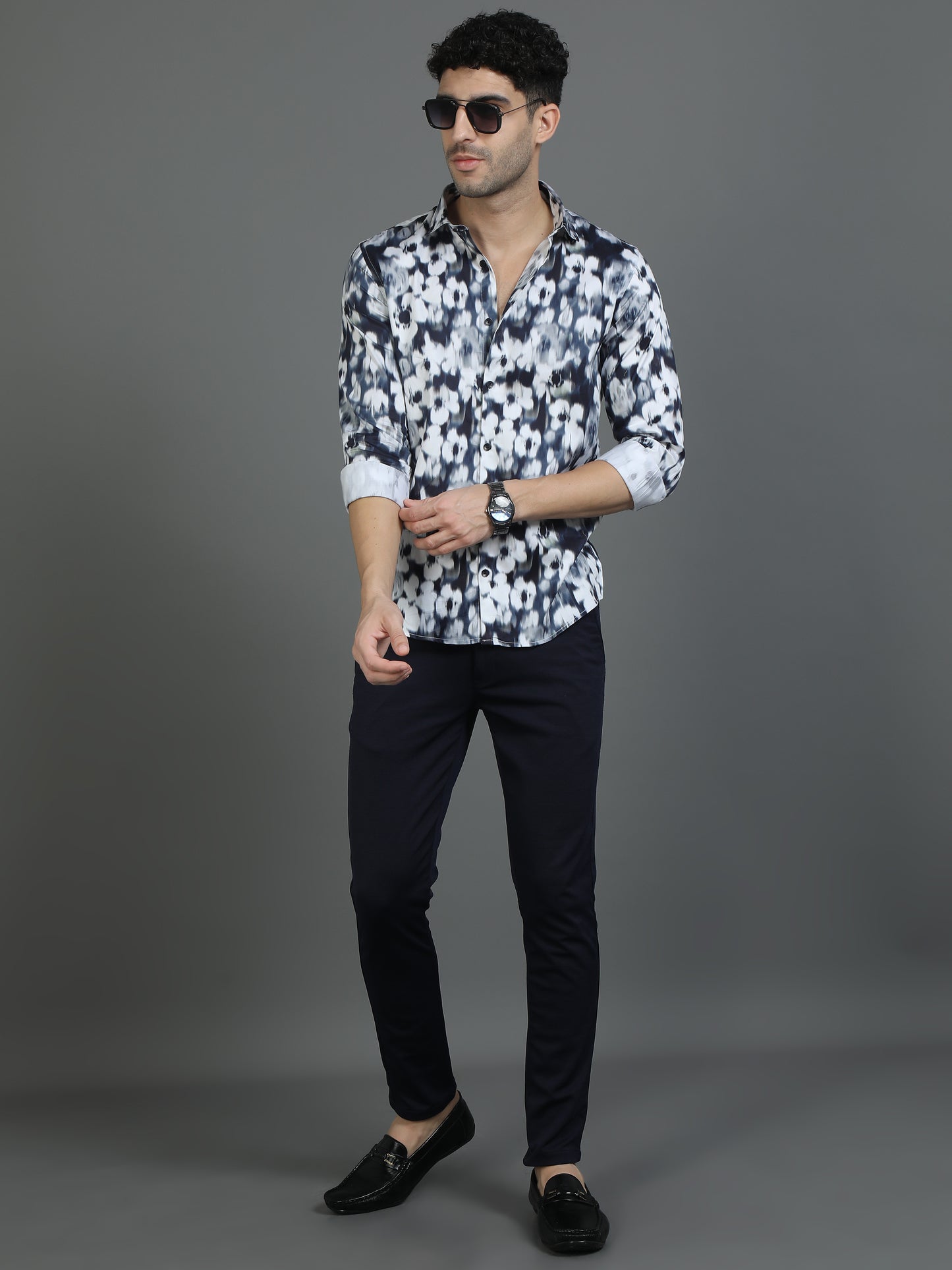 Navy & White Floral Printed Shirt
