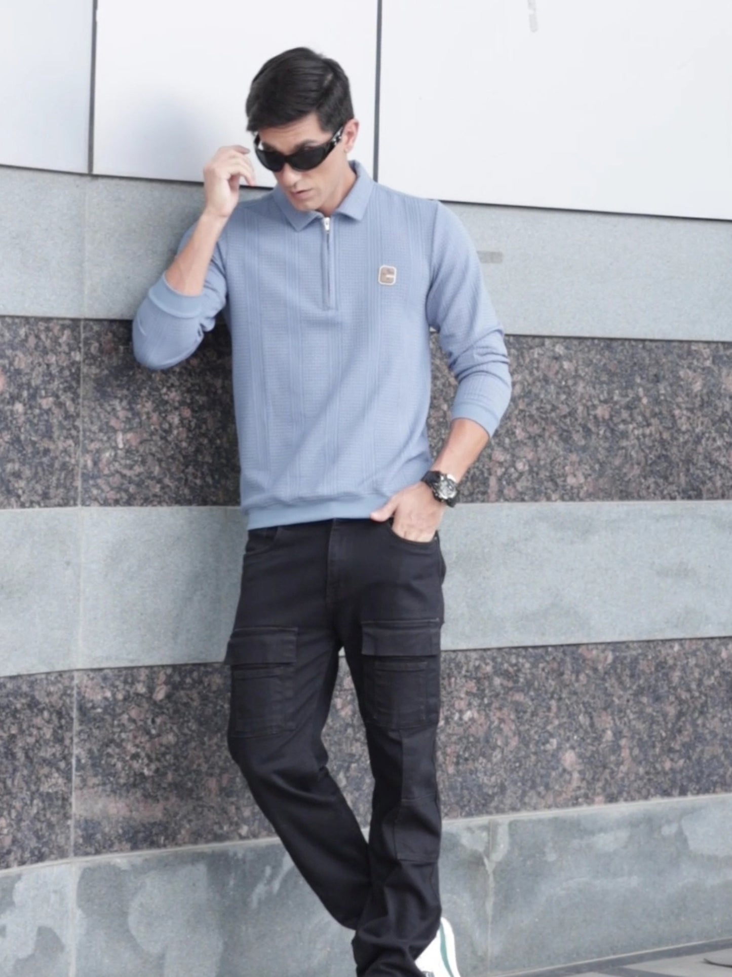 Midnight Light Blue Full Sleeve Zipper Knitted T-Shirt