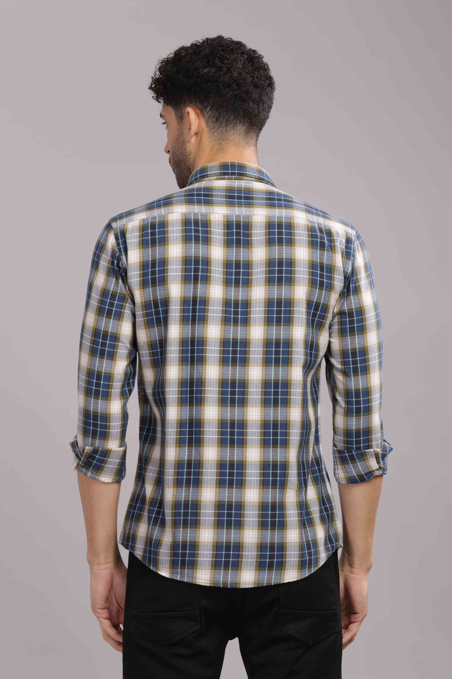 Grey Double Box Pocket Checks Shirt