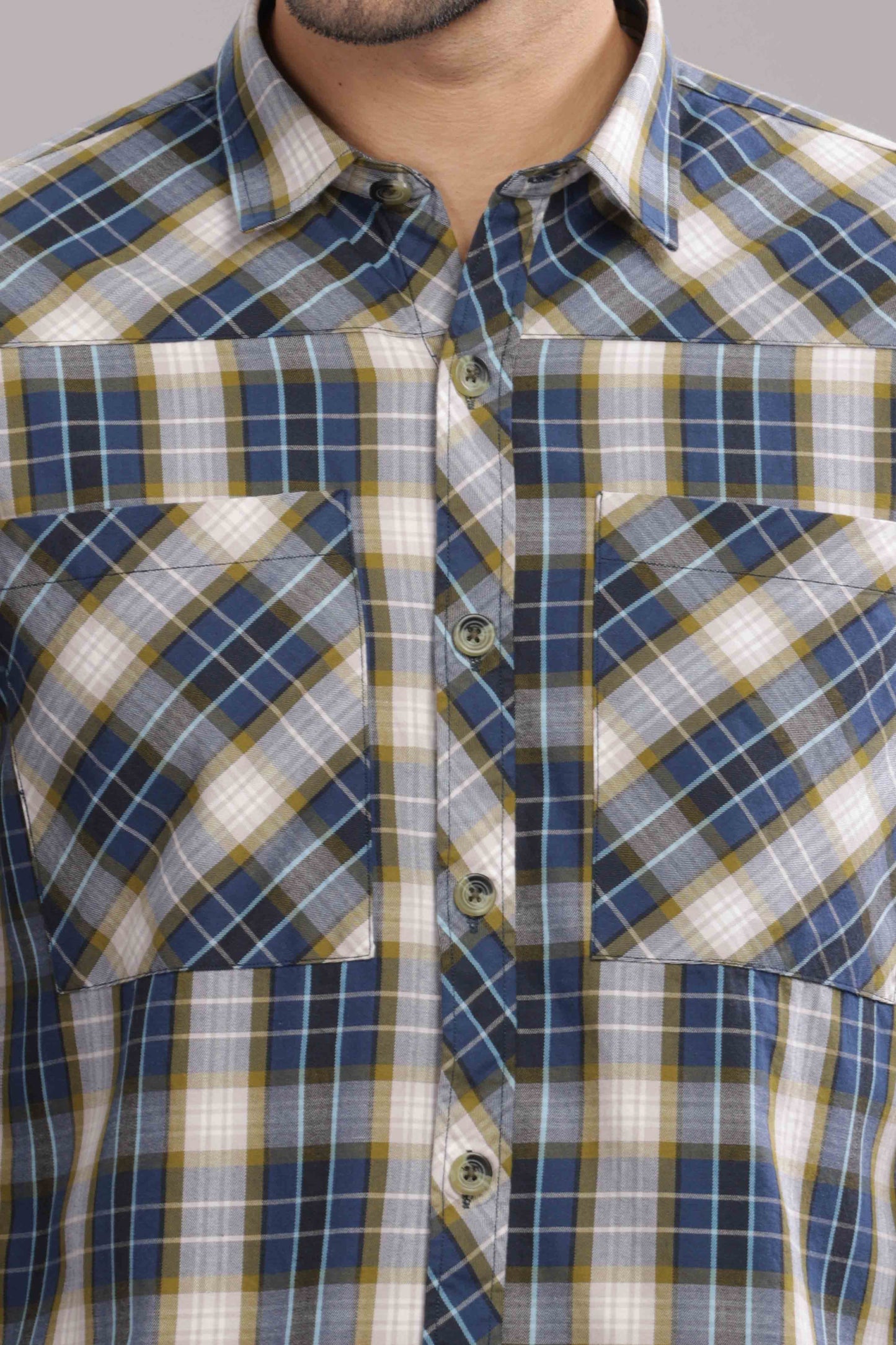 Grey Double Box Pocket Checks Shirt