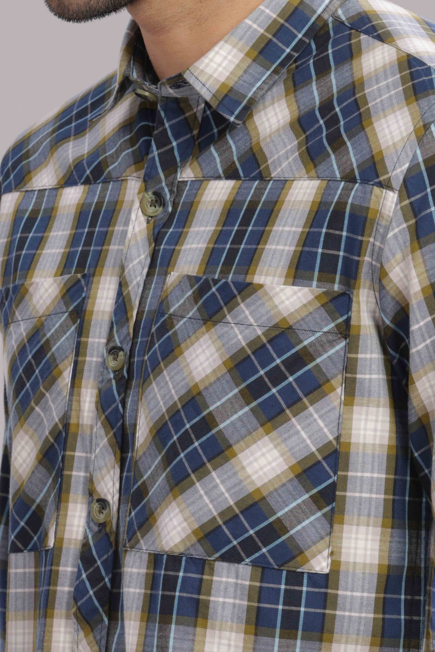 Grey Double Box Pocket Checks Shirt