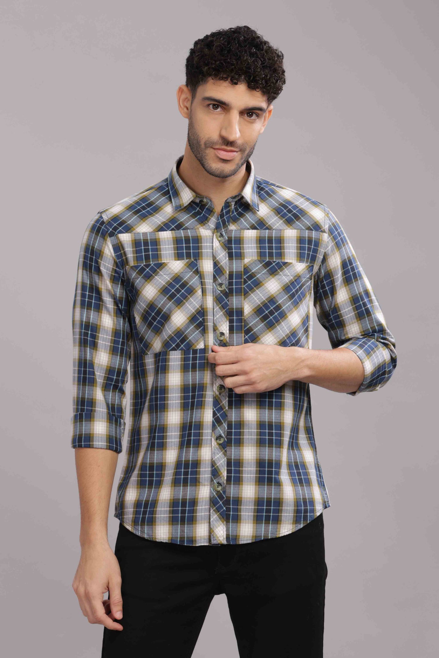 Grey Double Box Pocket Checks Shirt