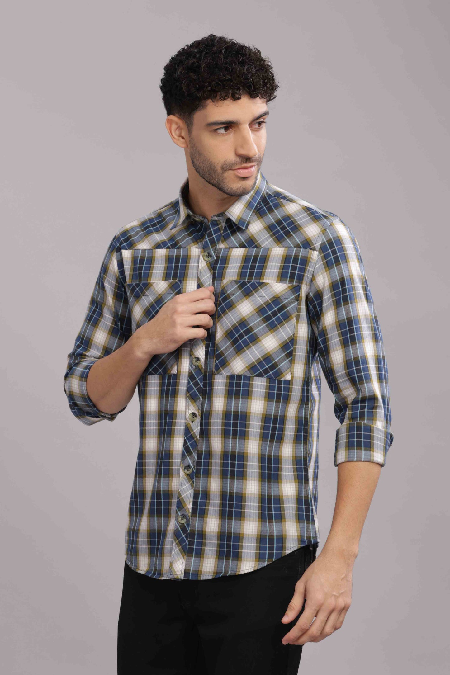 Grey Double Box Pocket Checks Shirt