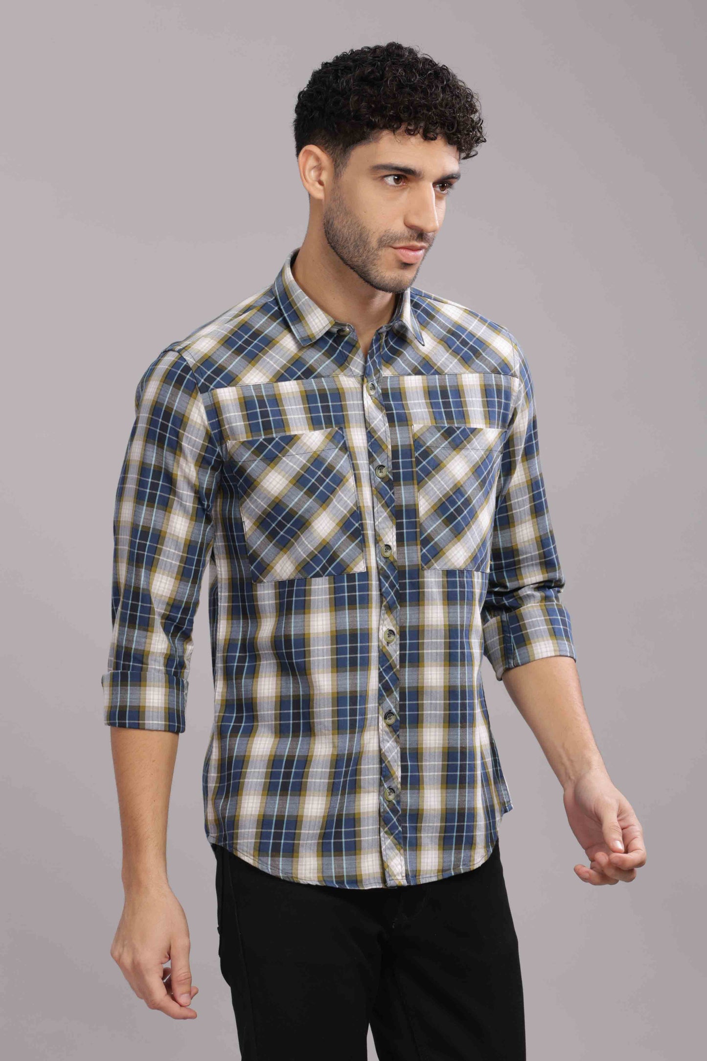 Grey Double Box Pocket Checks Shirt
