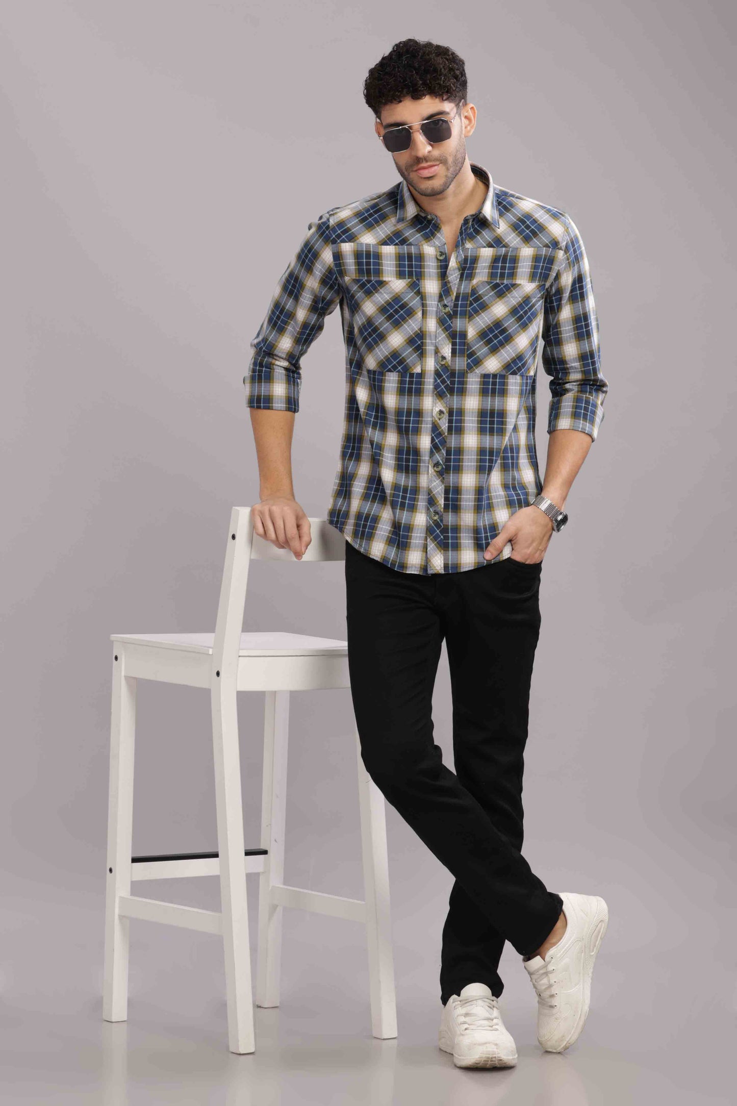 Grey Double Box Pocket Checks Shirt