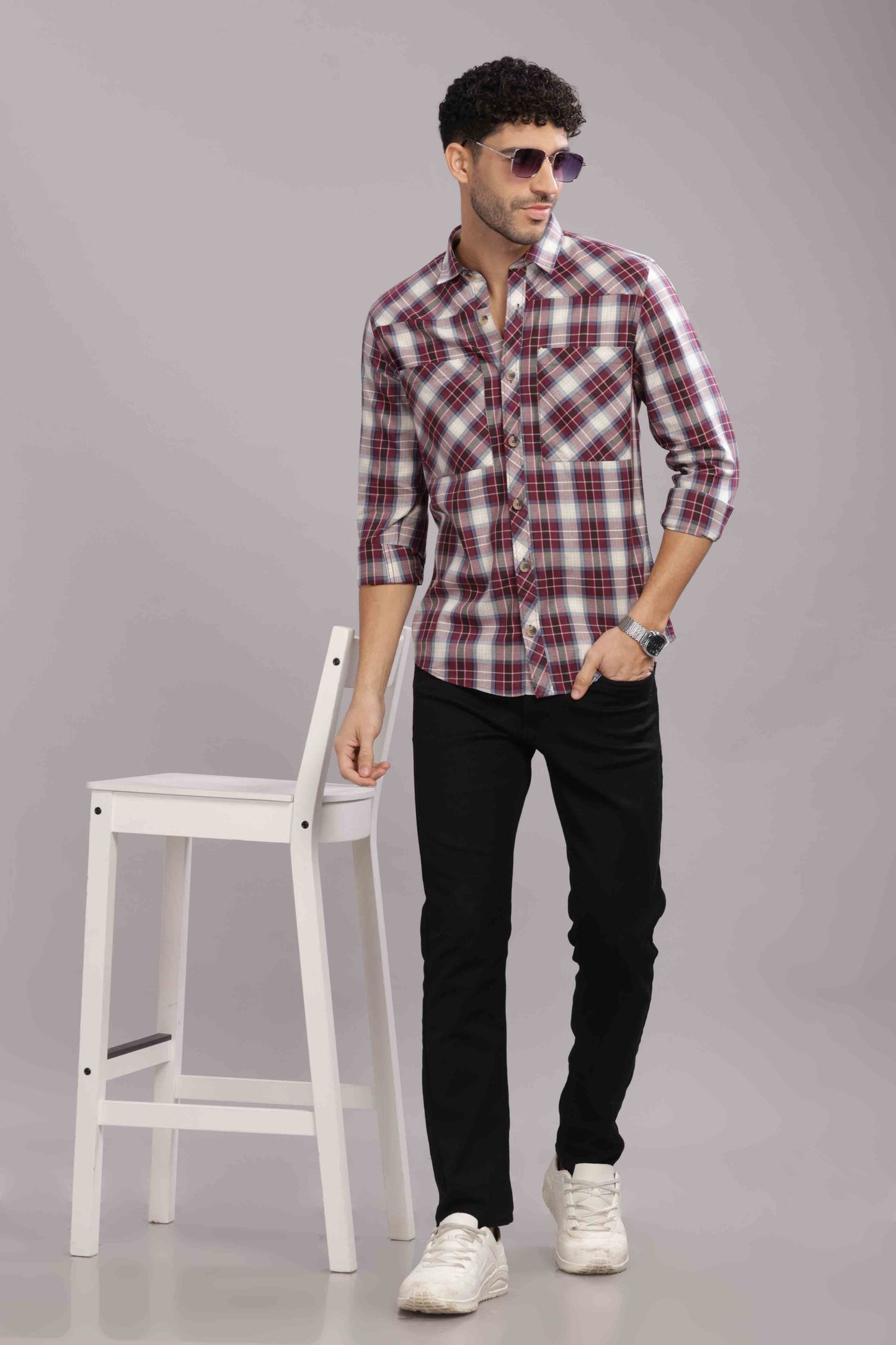 Maroon Double Box Pocket Checks Shirt