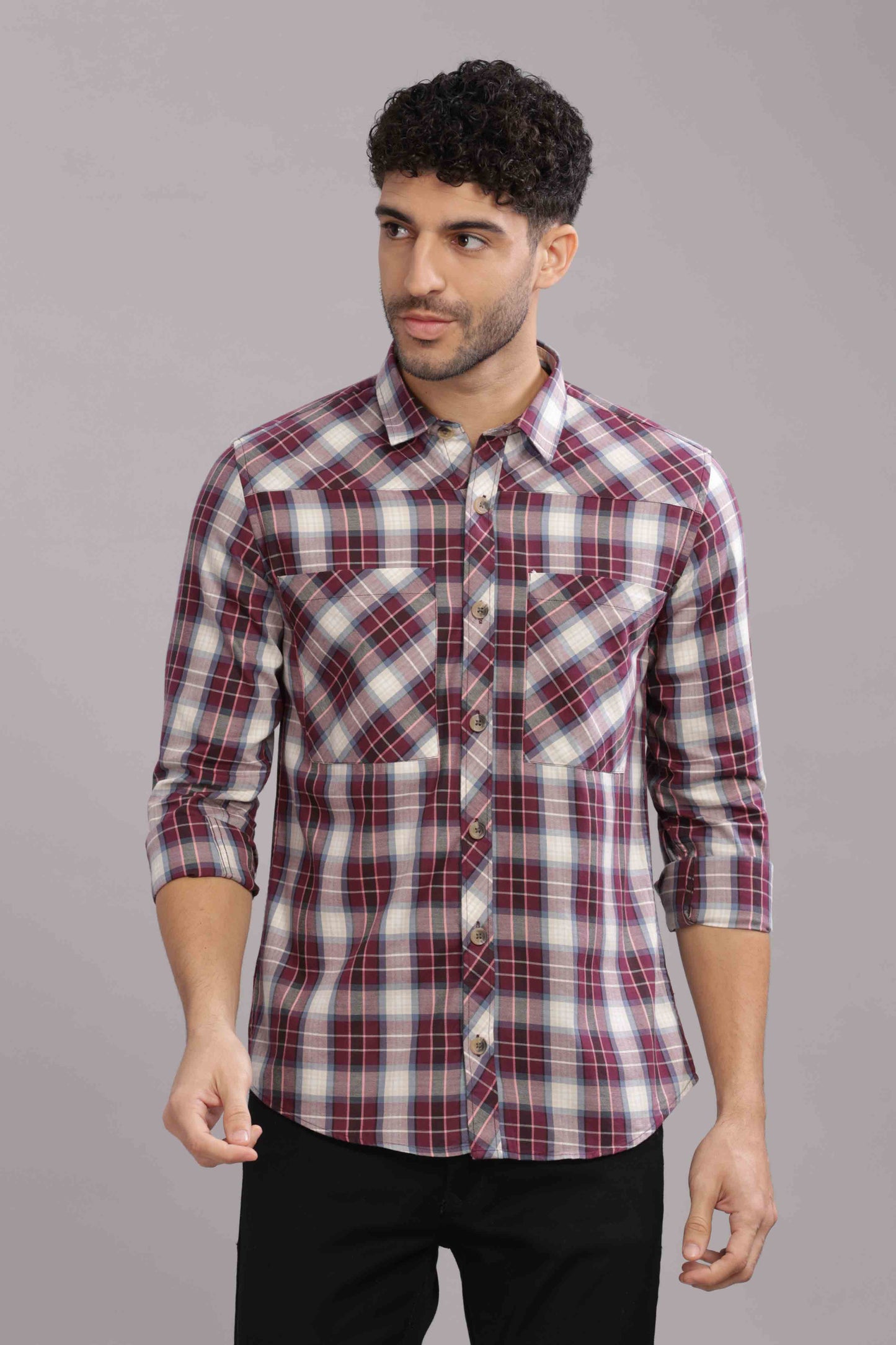 Maroon Double Box Pocket Checks Shirt