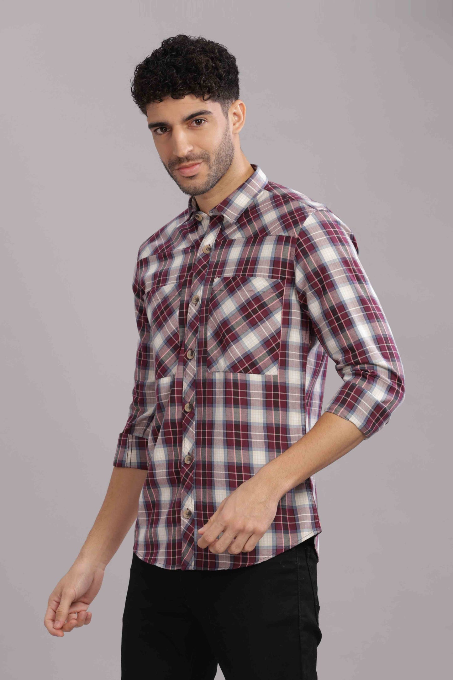 Maroon Double Box Pocket Checks Shirt