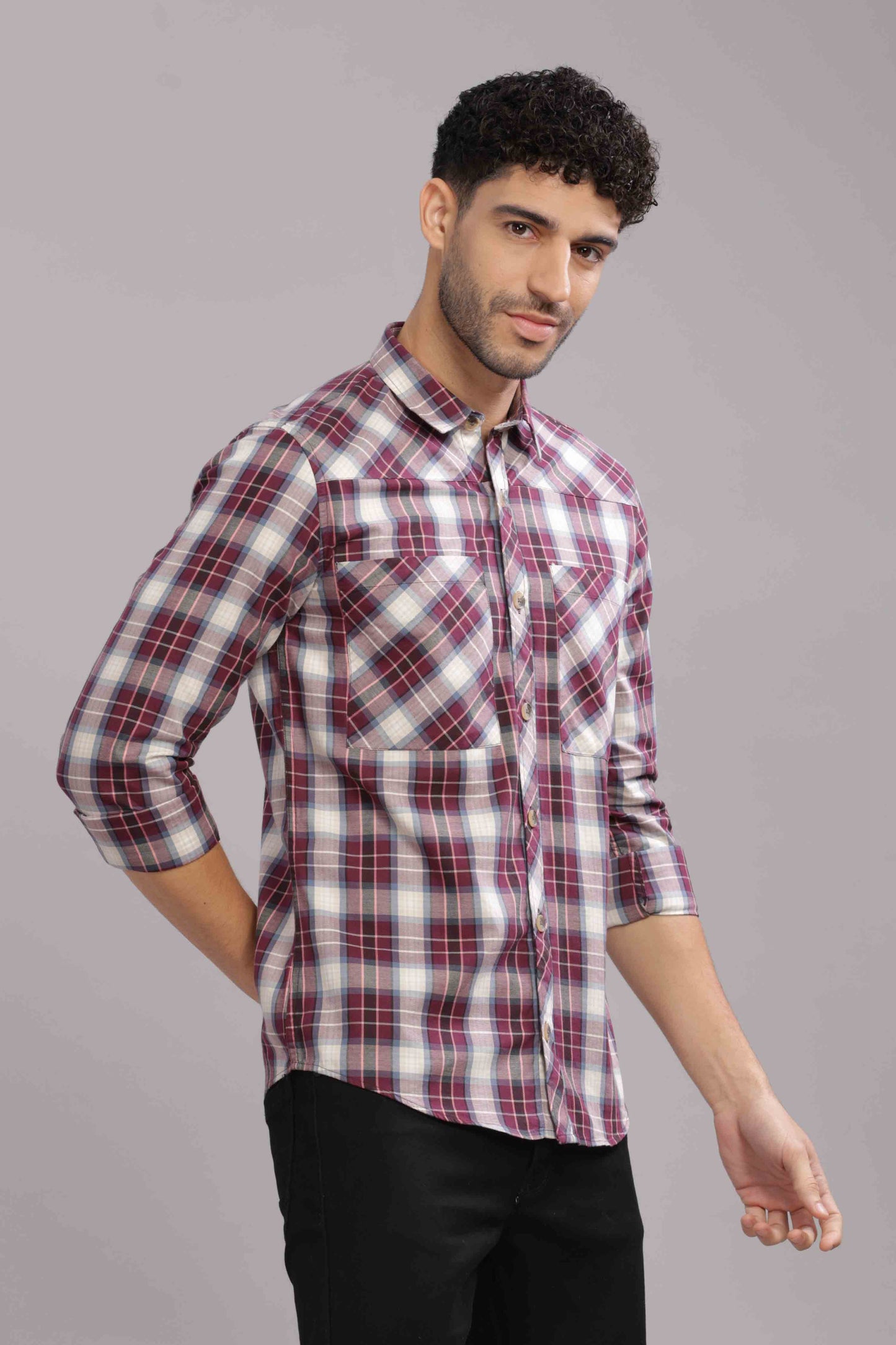 Maroon Double Box Pocket Checks Shirt