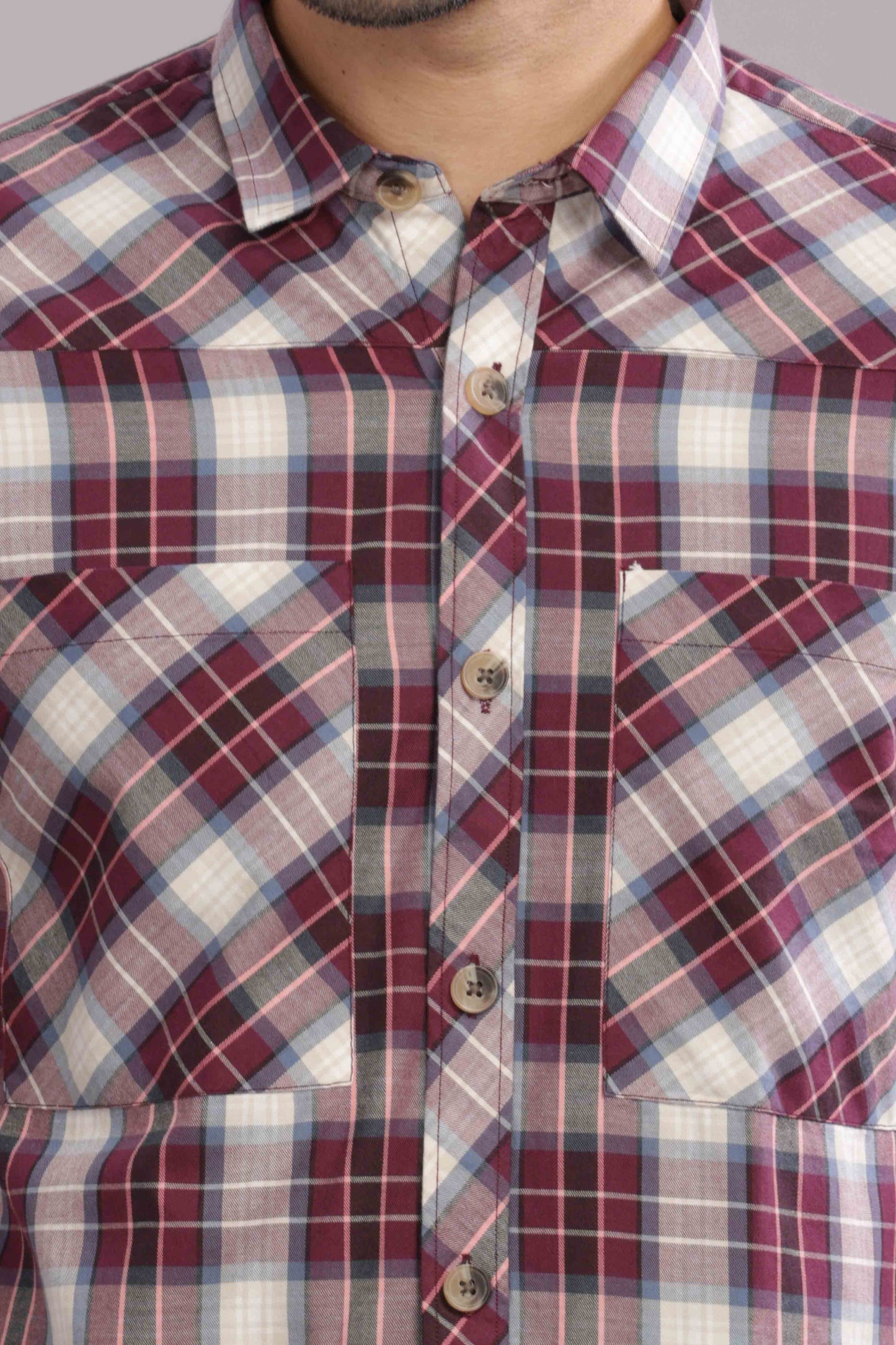 Maroon Double Box Pocket Checks Shirt