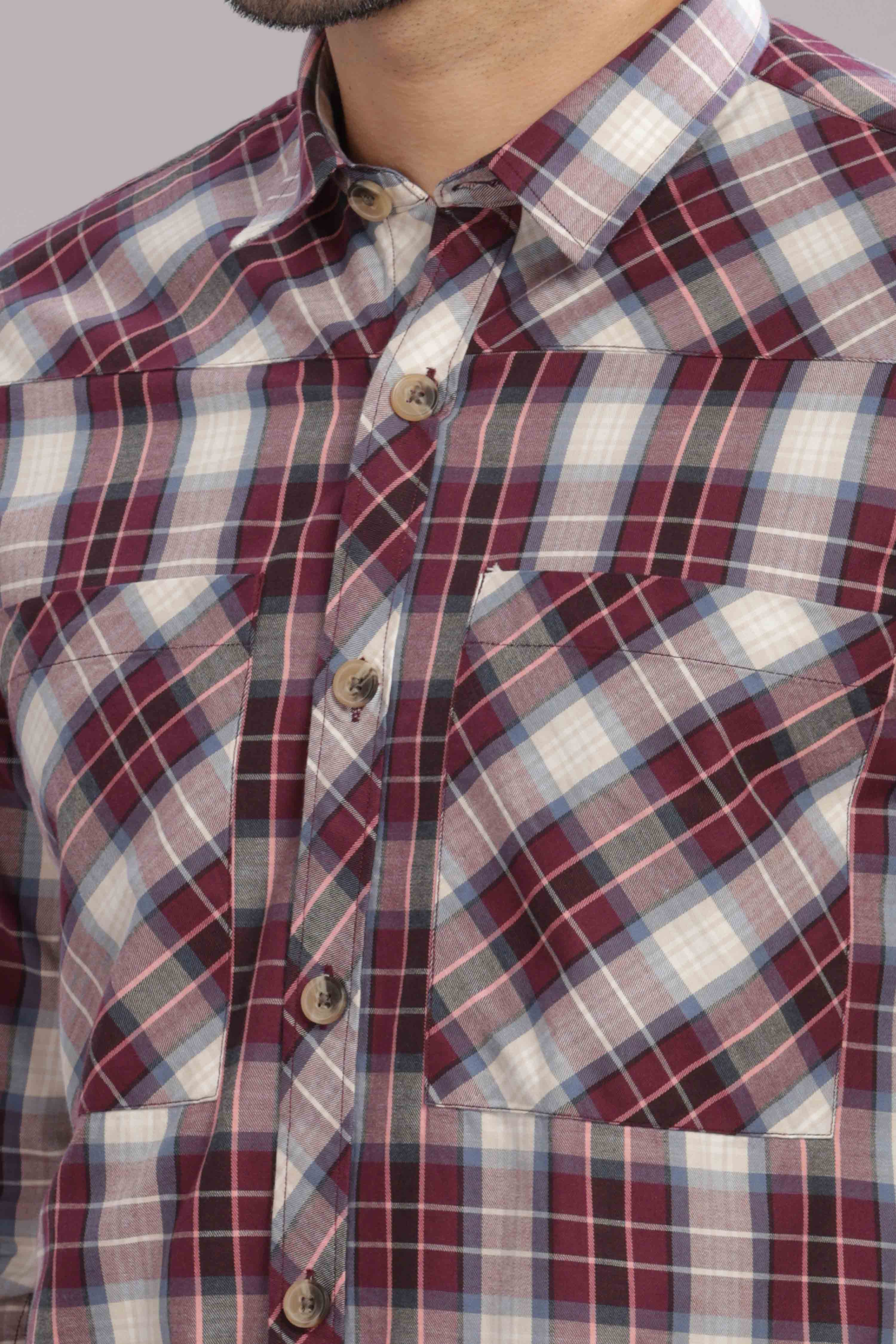 Maroon Double Box Pocket Checks Shirt