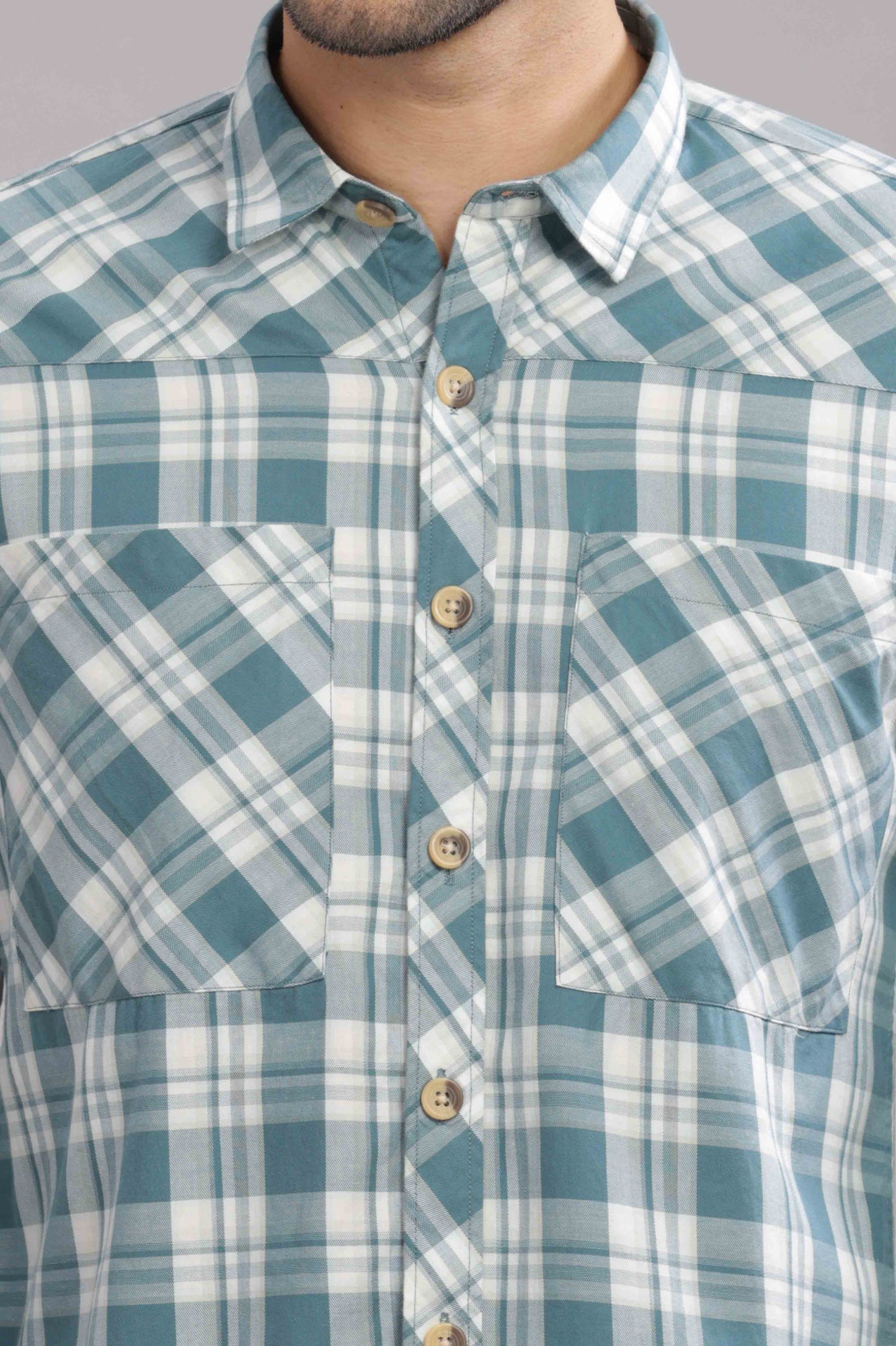 Bluish Double Box Pocket Checks Shirt
