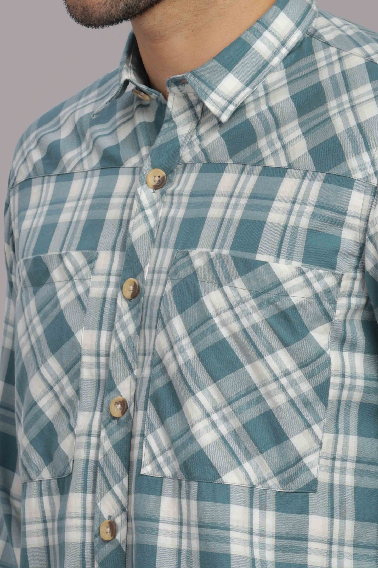Bluish Double Box Pocket Checks Shirt