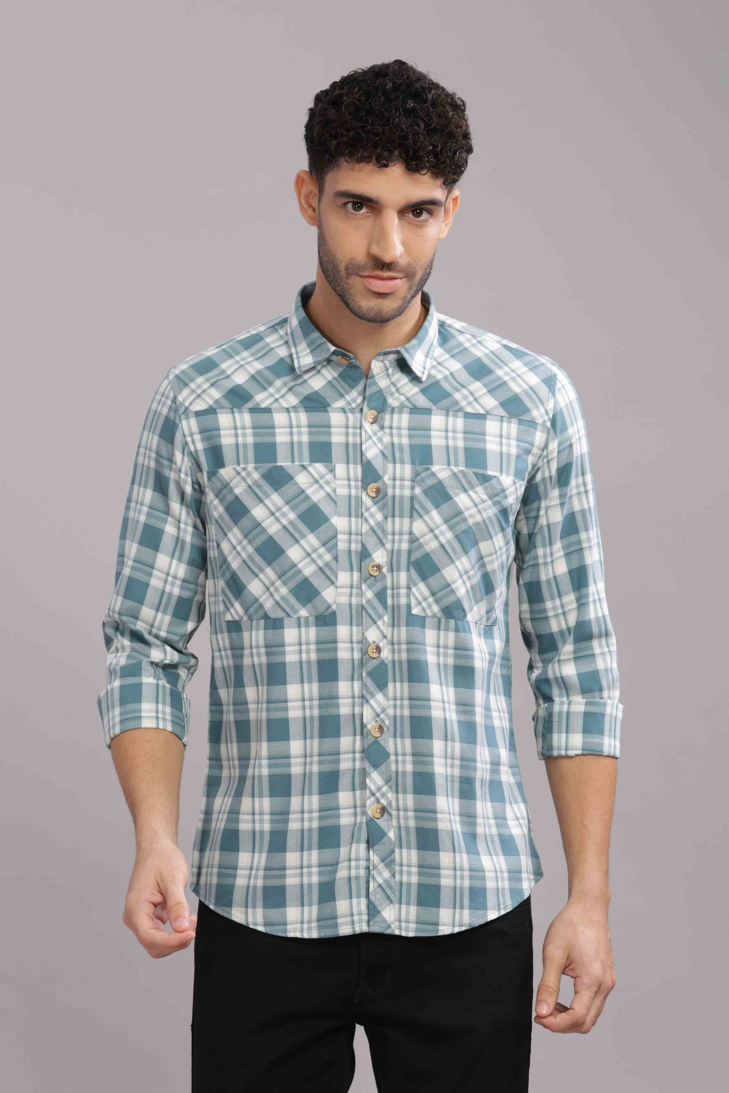 Bluish Double Box Pocket Checks Shirt