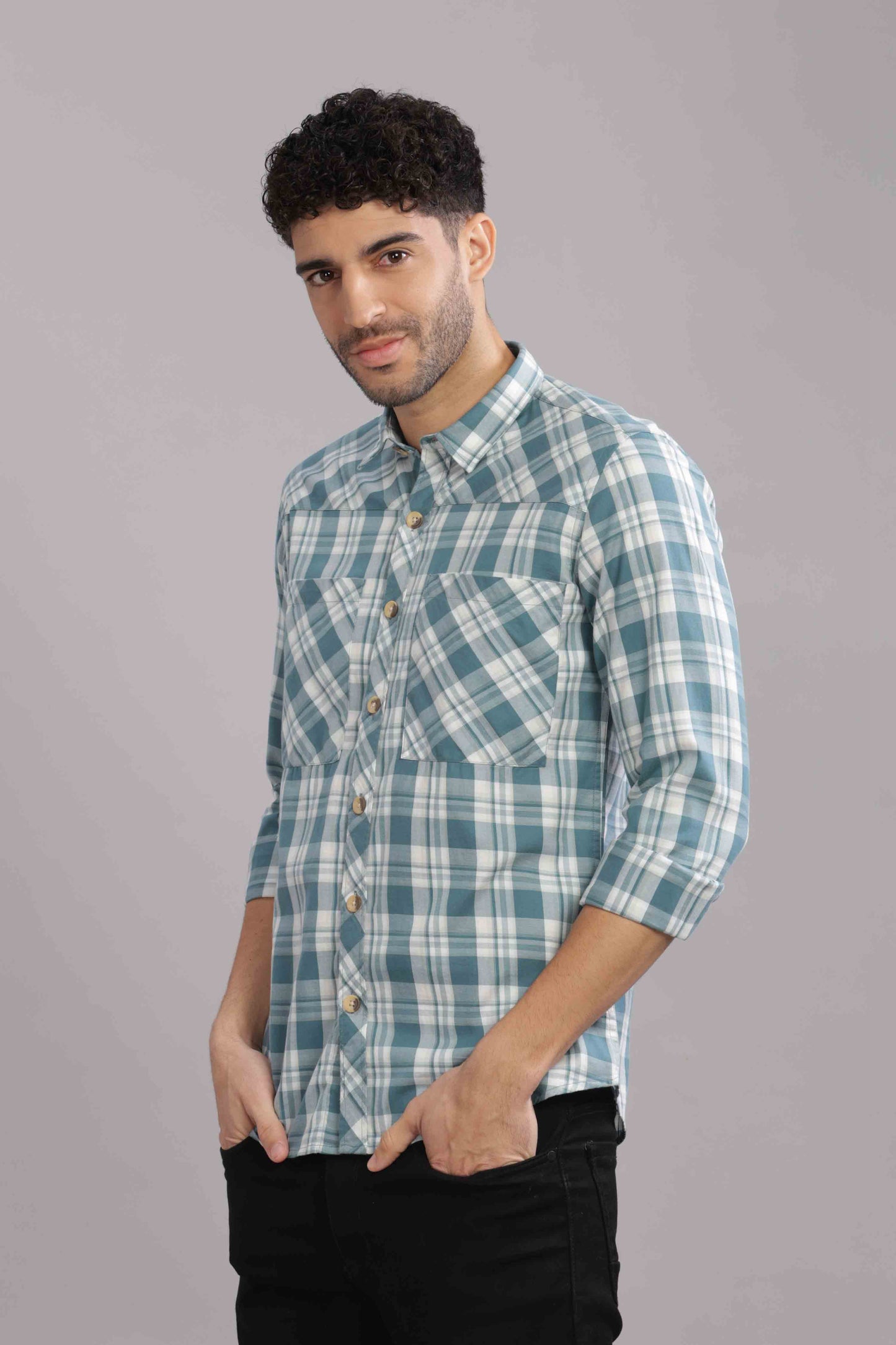 Bluish Double Box Pocket Checks Shirt