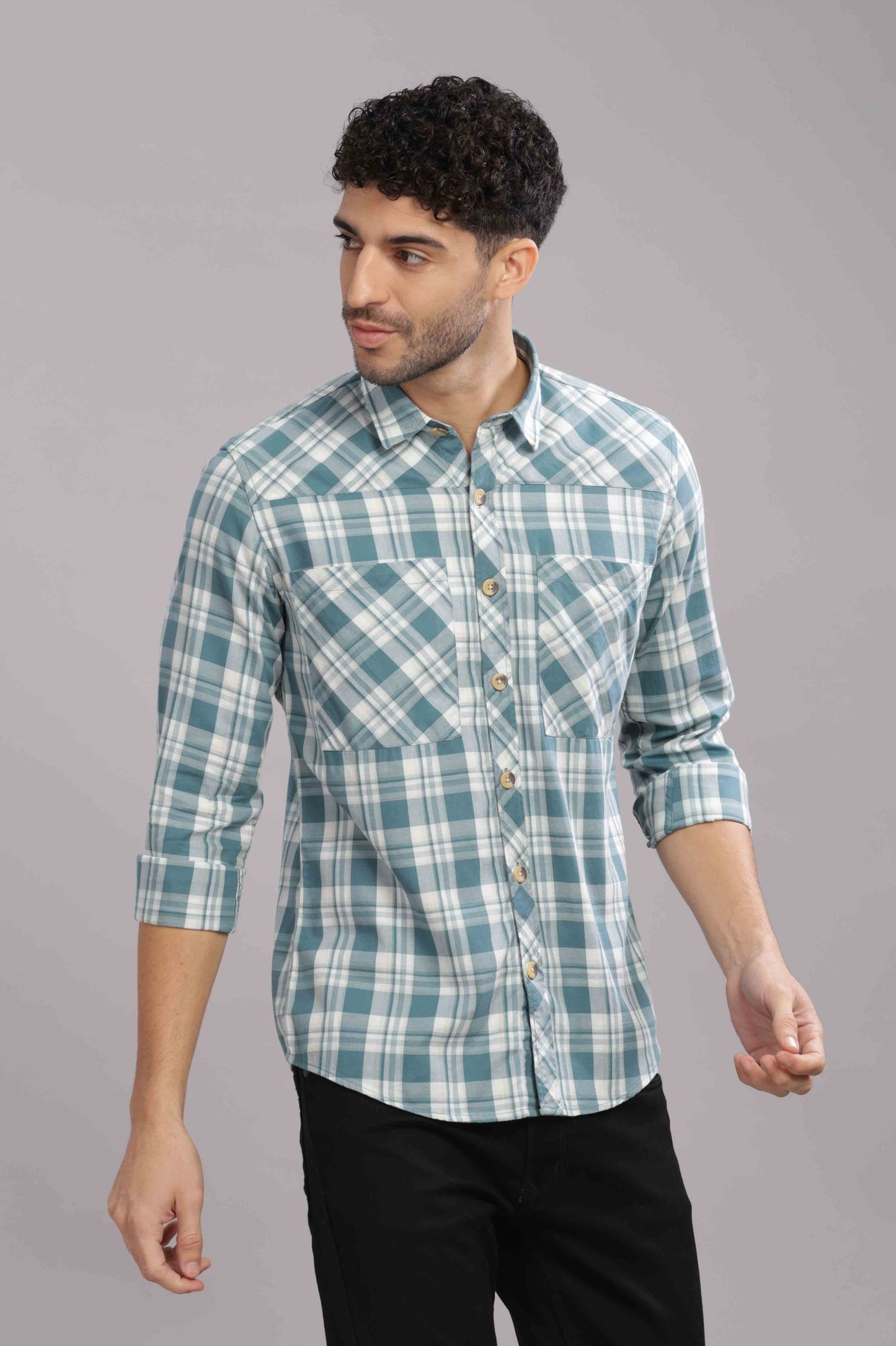 Bluish Double Box Pocket Checks Shirt