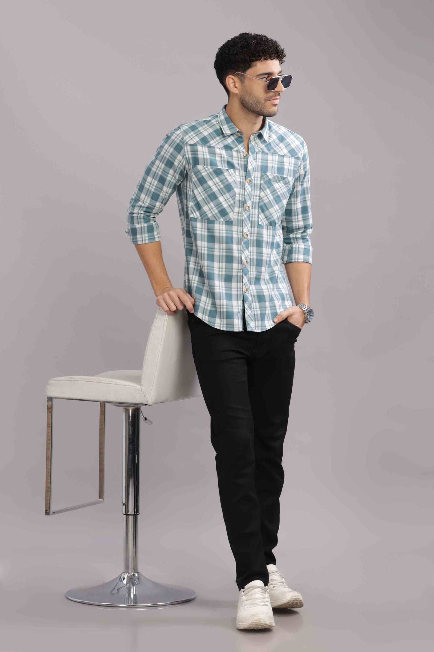 Bluish Double Box Pocket Checks Shirt