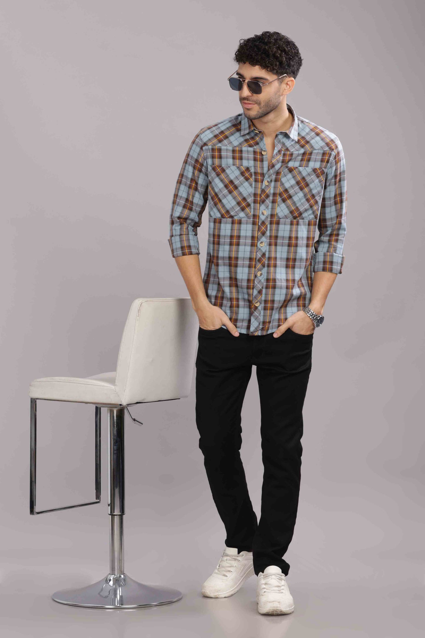 Skyblue Double Box Pocket Checks Shirt