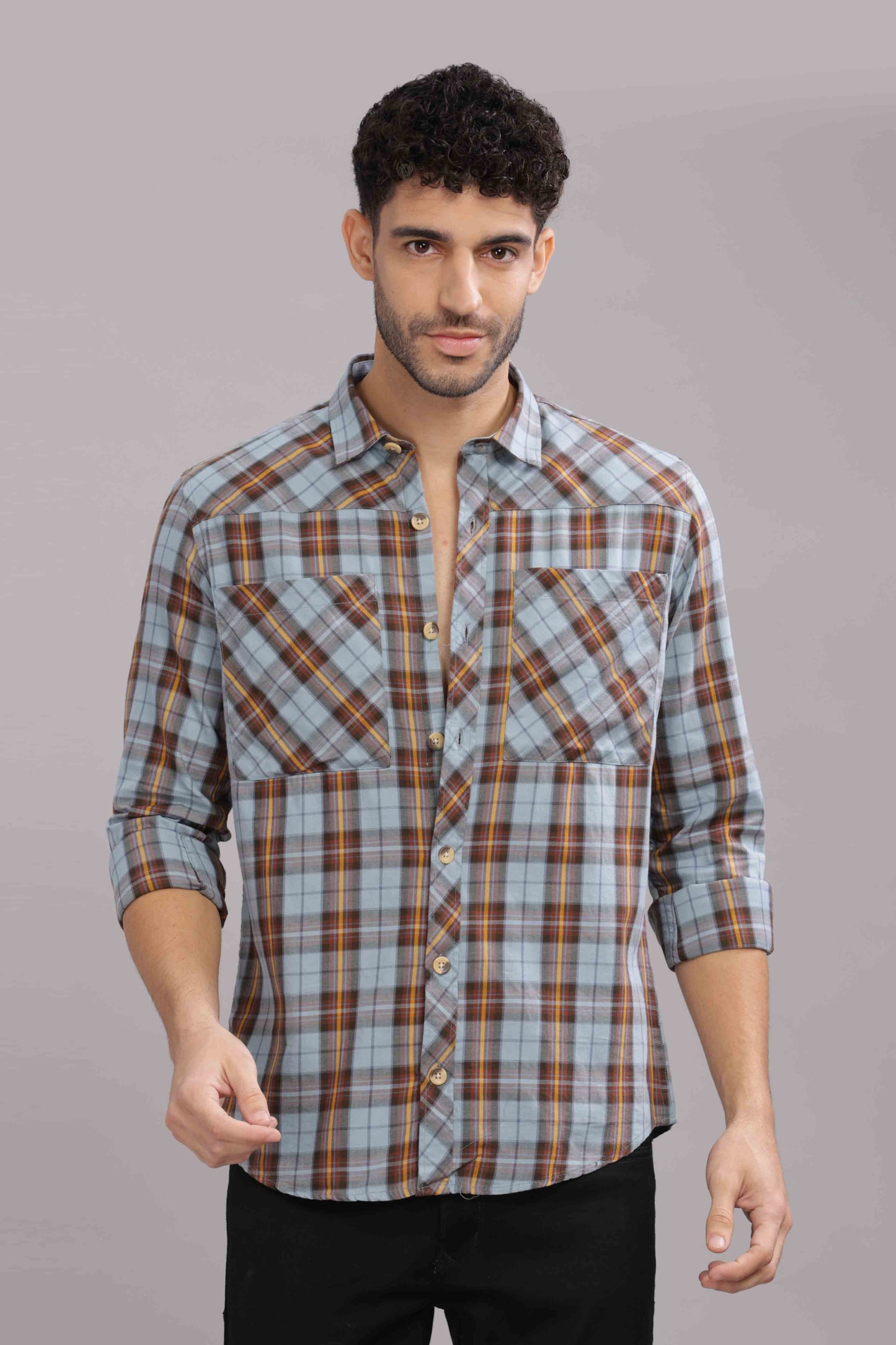 Skyblue Double Box Pocket Checks Shirt
