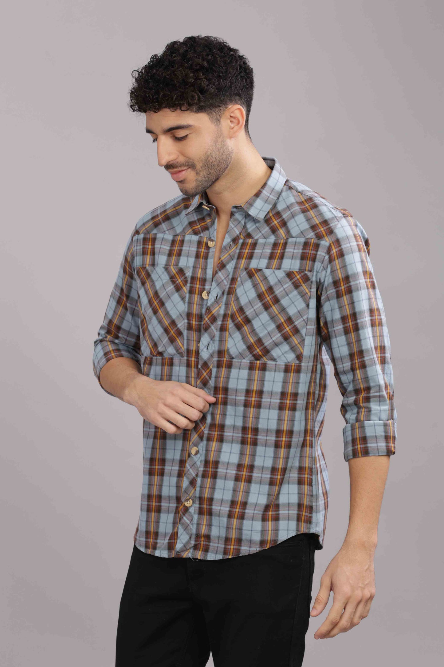 Skyblue Double Box Pocket Checks Shirt