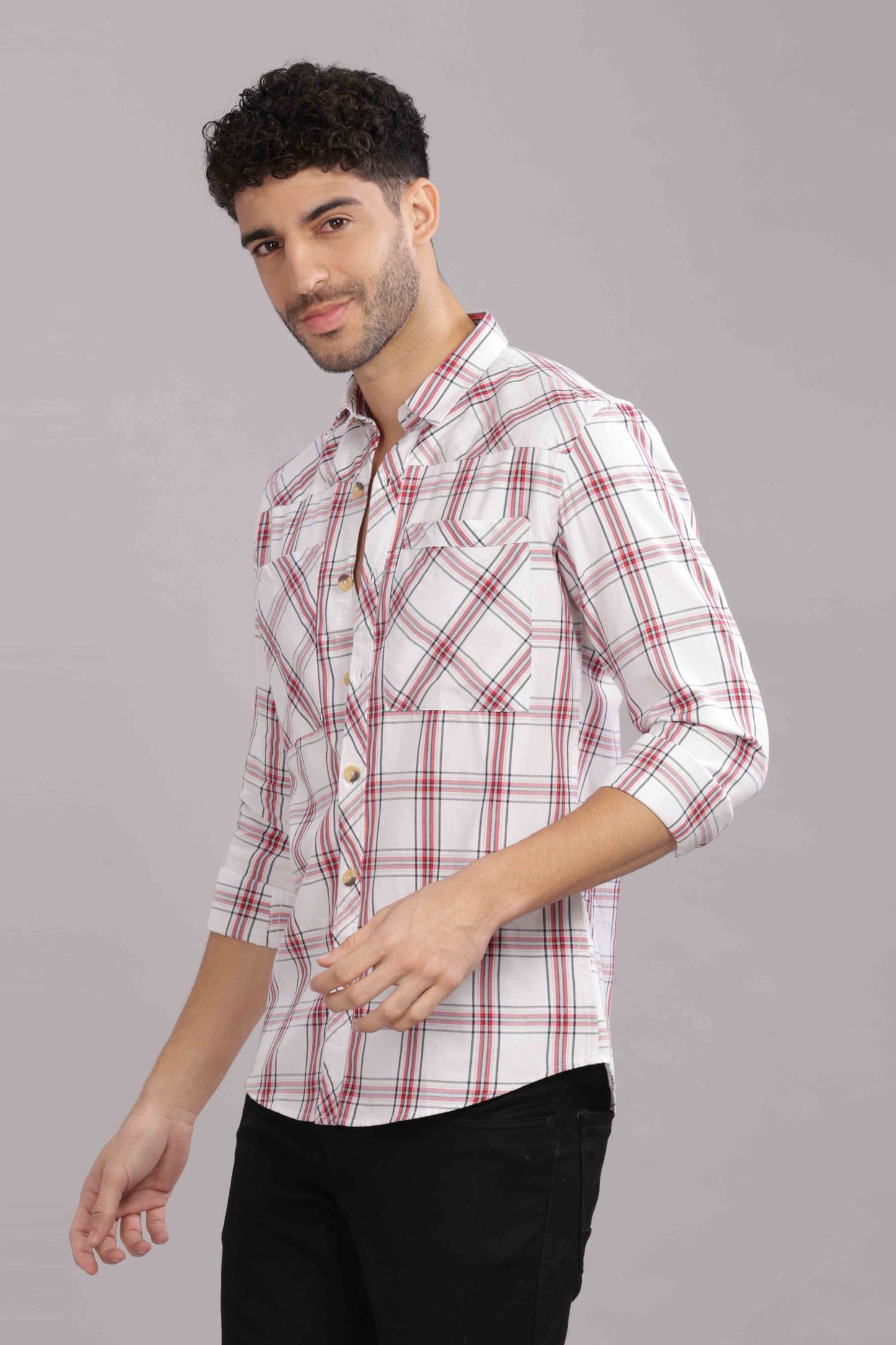 Light Red Double Box Pocket Checks Shirt
