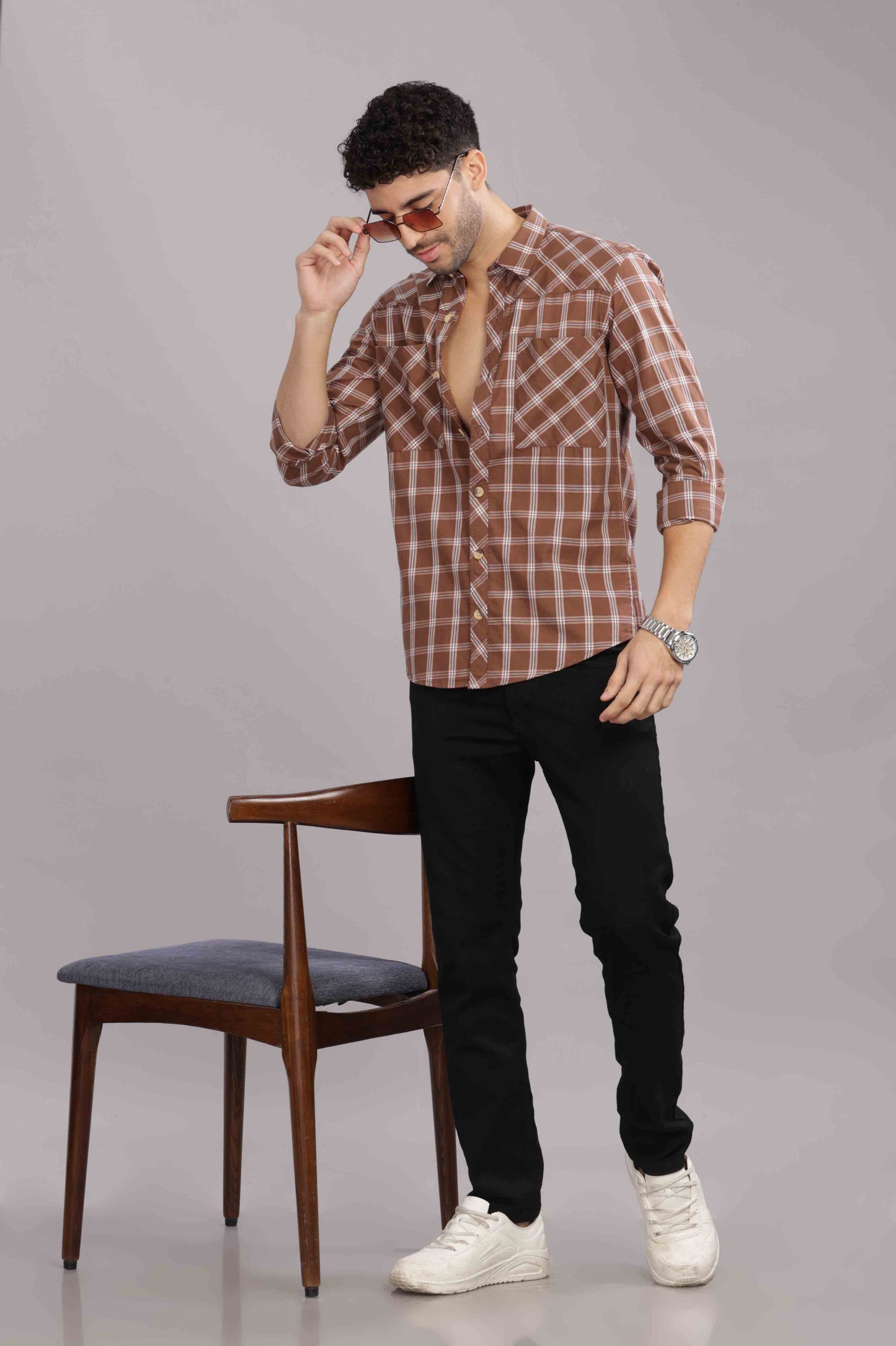 Brown Double Box Pocket Checks Shirt