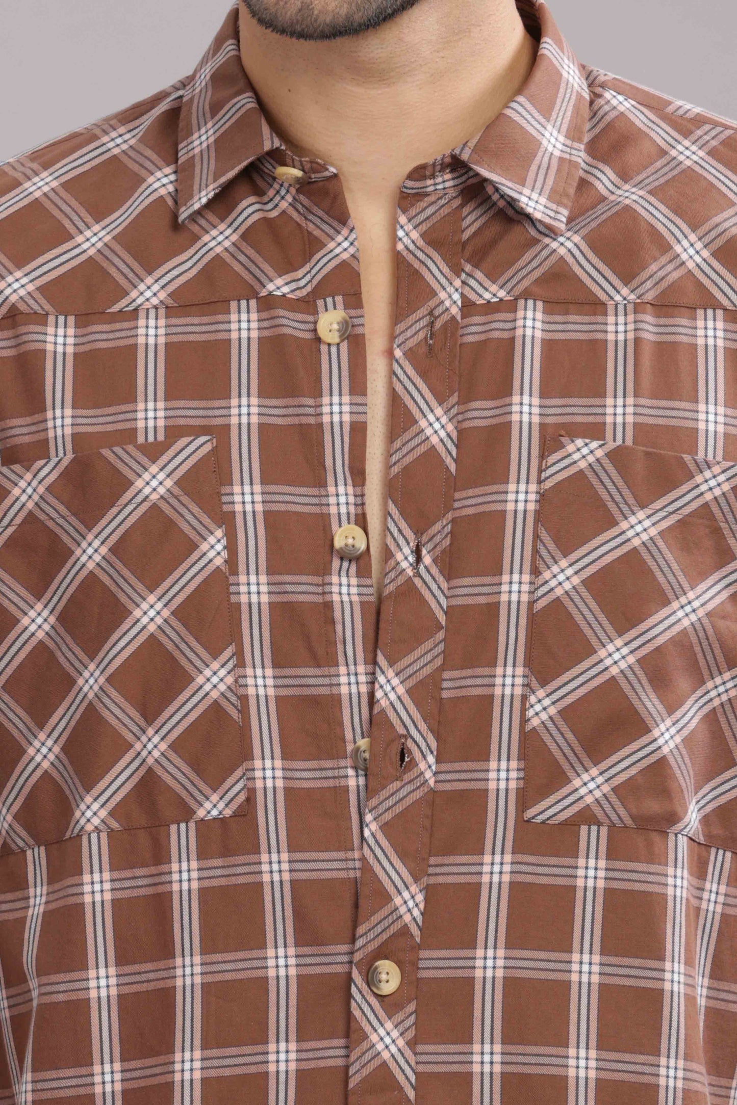 Brown Double Box Pocket Checks Shirt