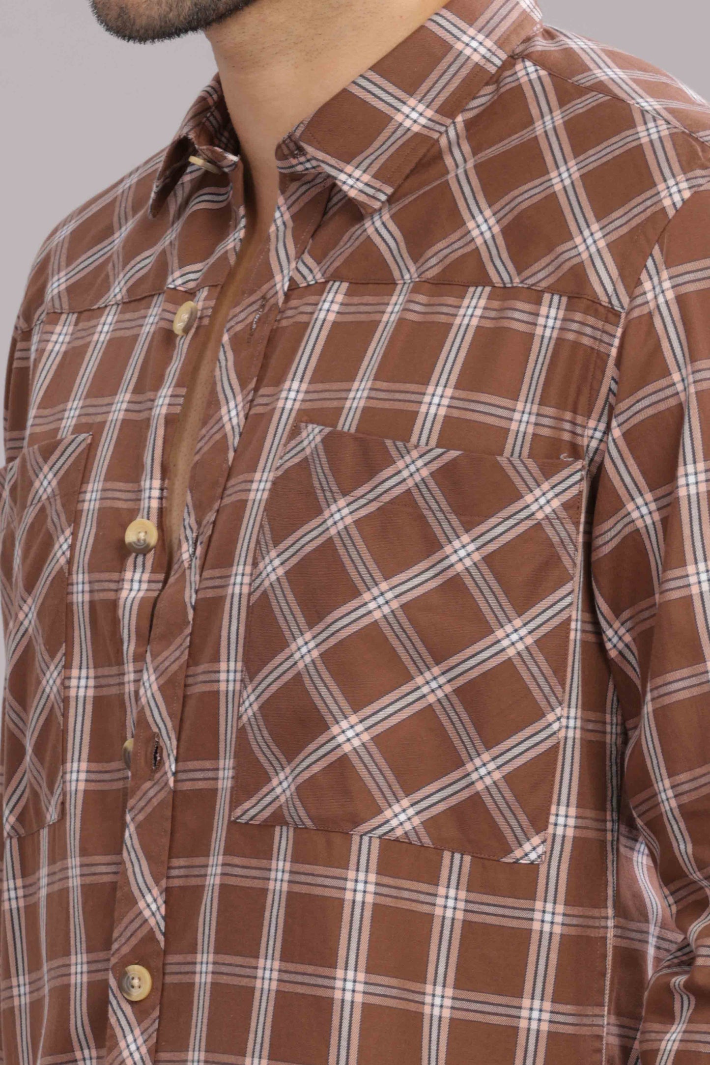 Brown Double Box Pocket Checks Shirt