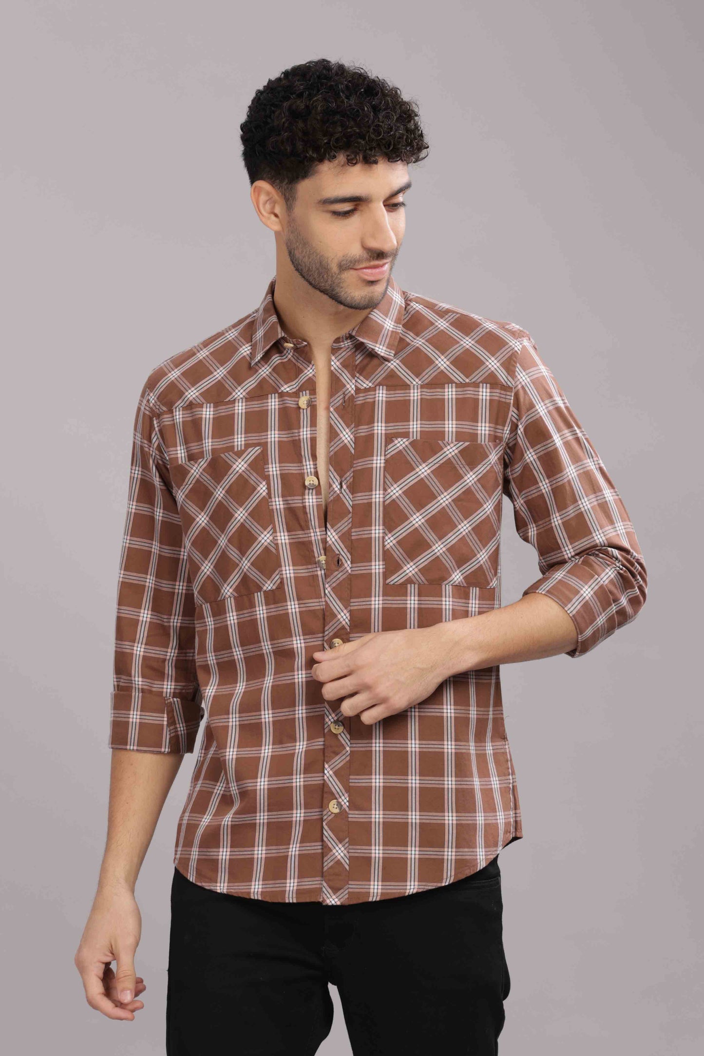 Brown Double Box Pocket Checks Shirt
