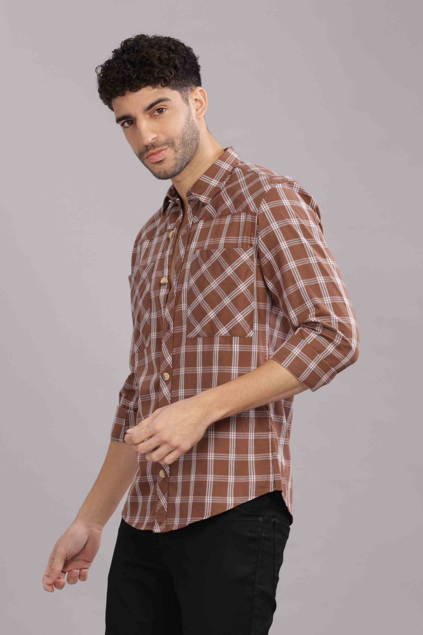 Brown Double Box Pocket Checks Shirt