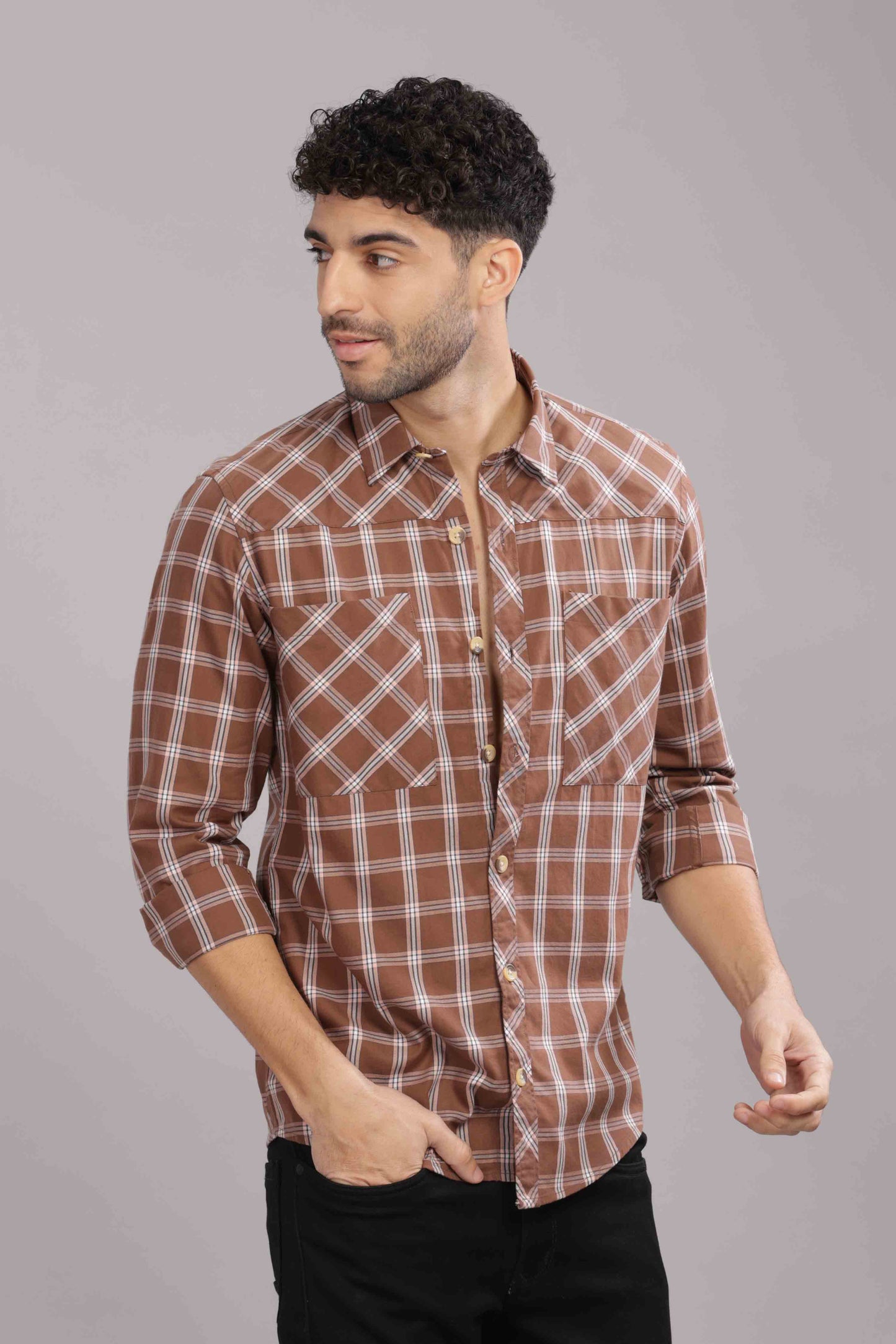 Brown Double Box Pocket Checks Shirt