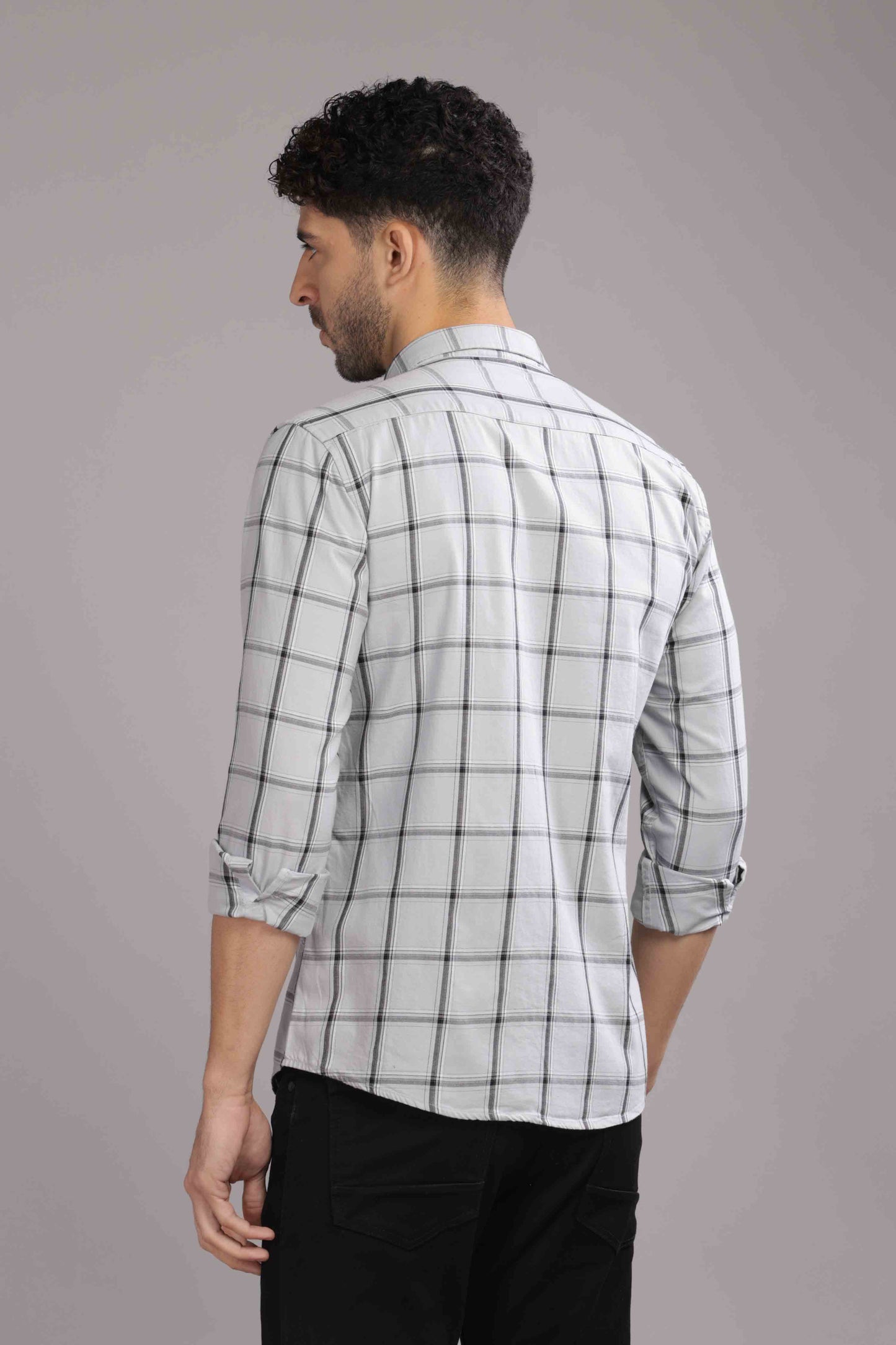Grey Double Box Pocket Checks Shirt