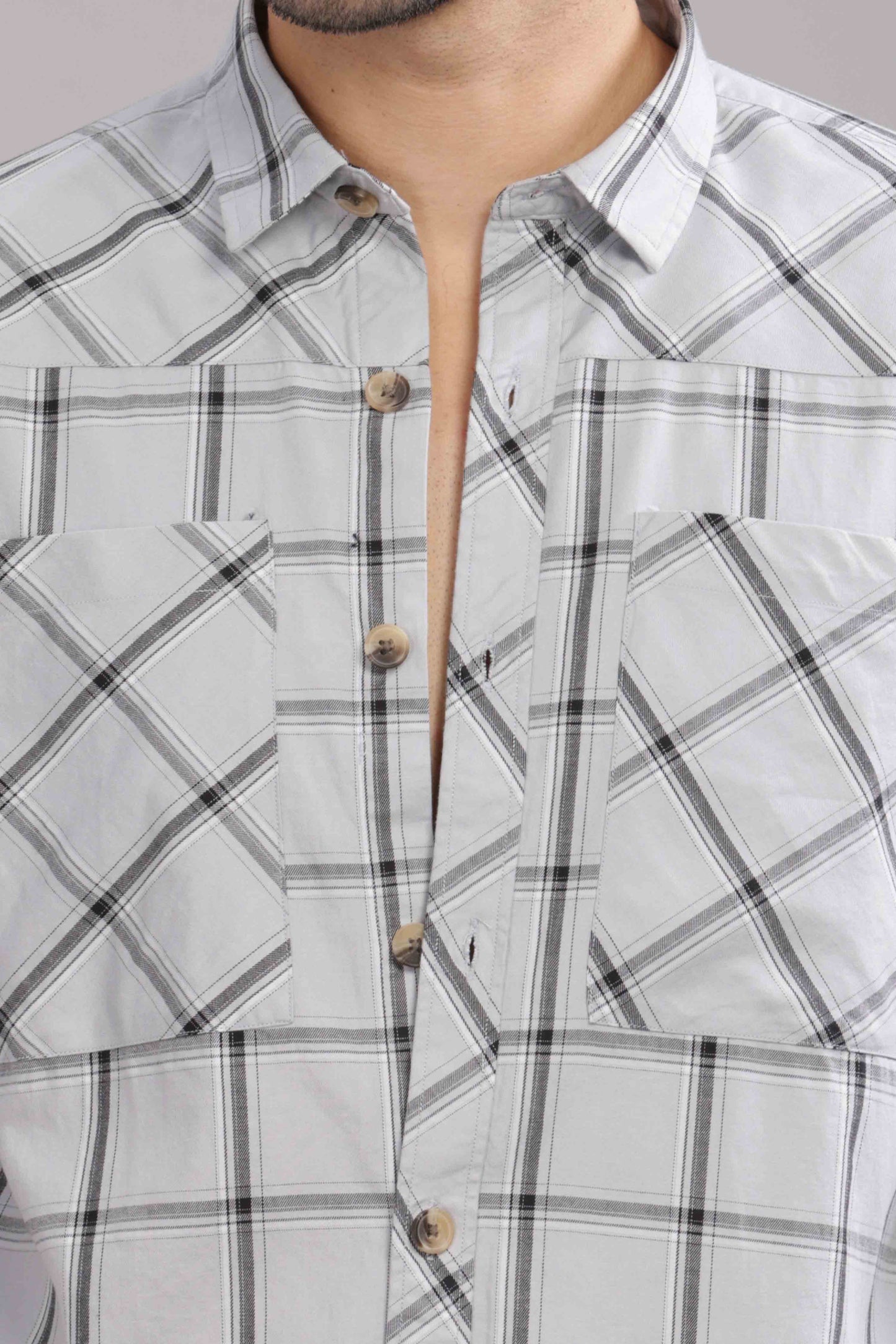 Grey Double Box Pocket Checks Shirt