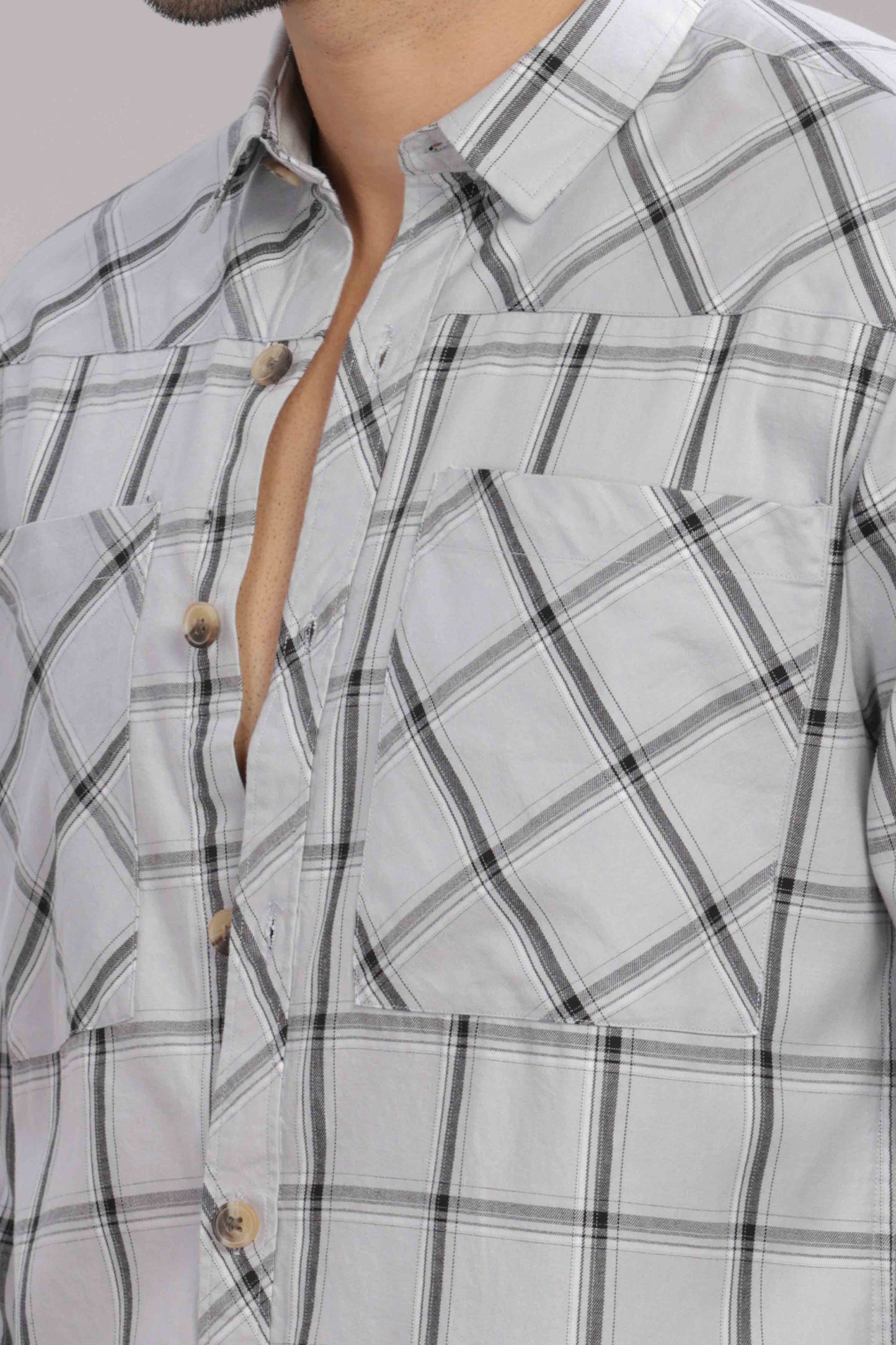 Grey Double Box Pocket Checks Shirt