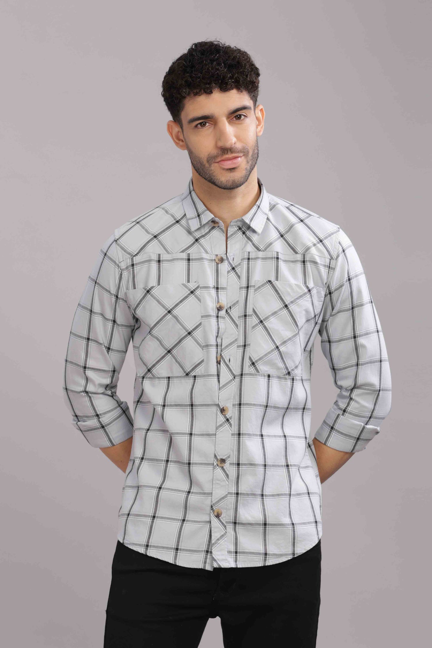 Grey Double Box Pocket Checks Shirt