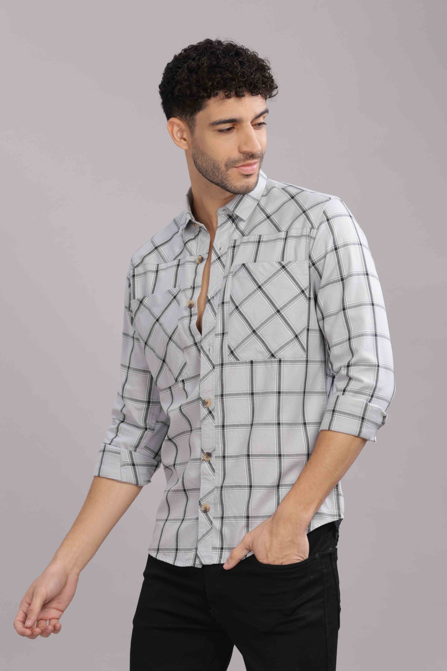 Grey Double Box Pocket Checks Shirt