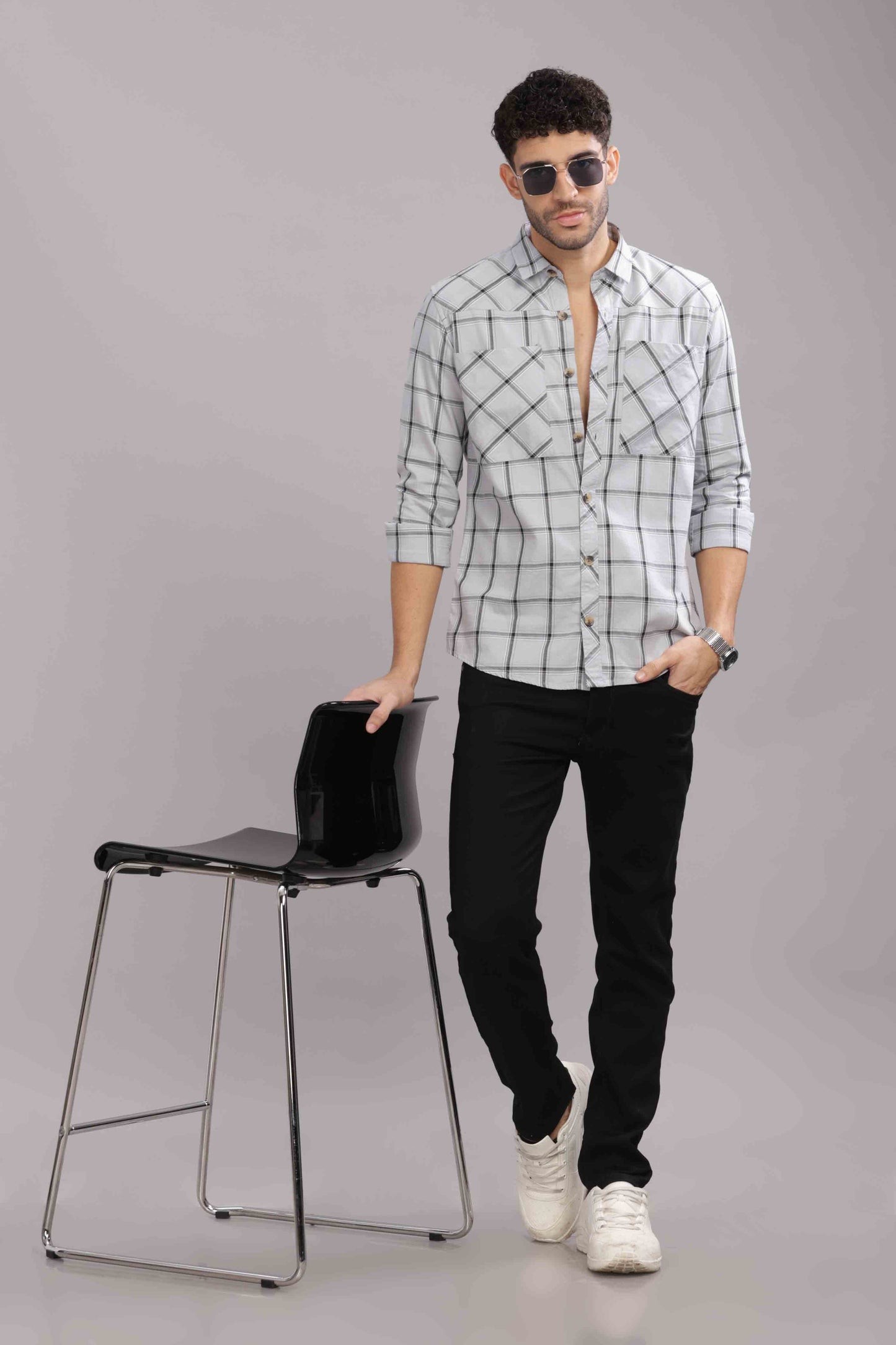 Grey Double Box Pocket Checks Shirt