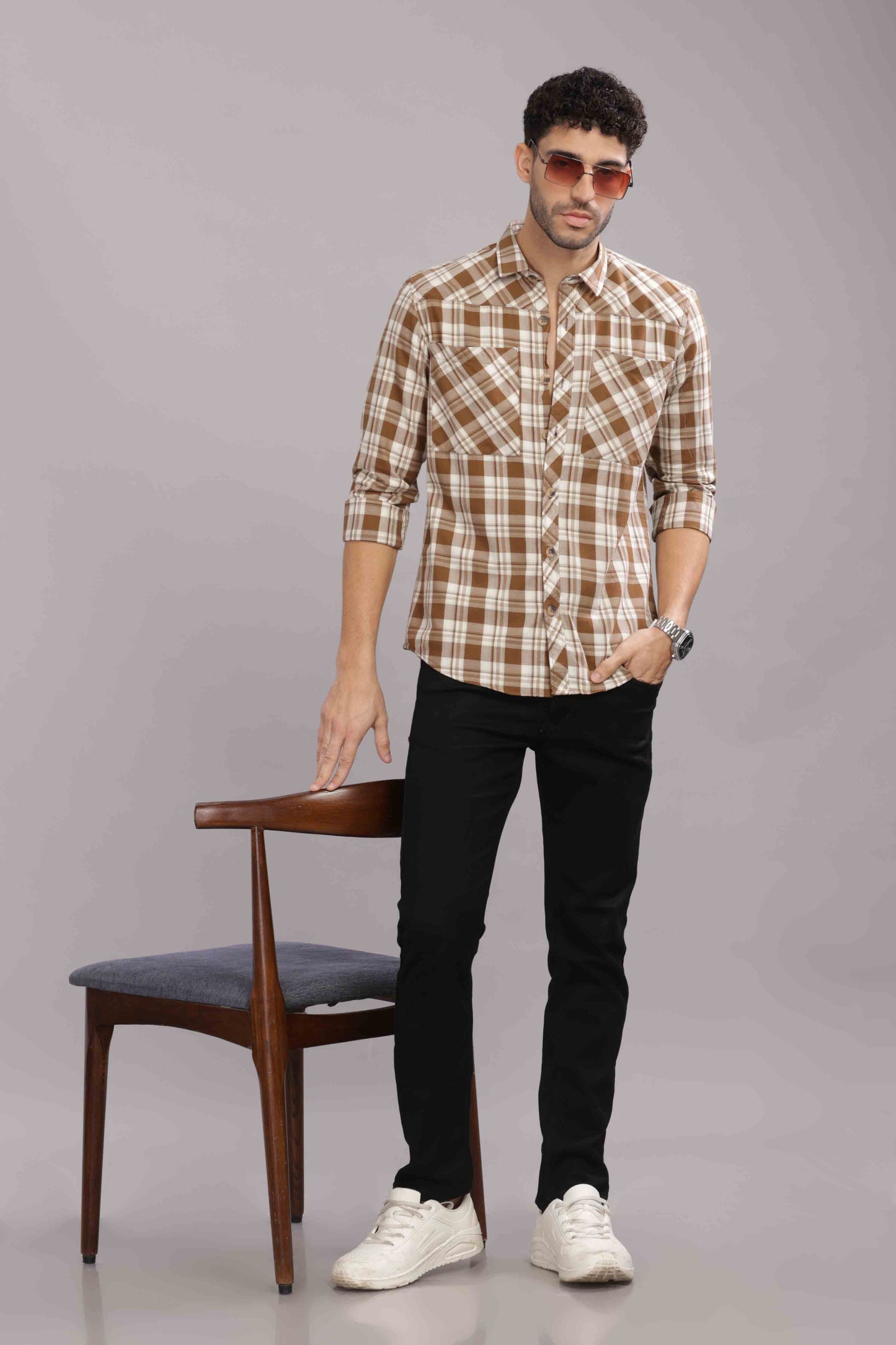 Golden Double Box Pocket Checks Shirt