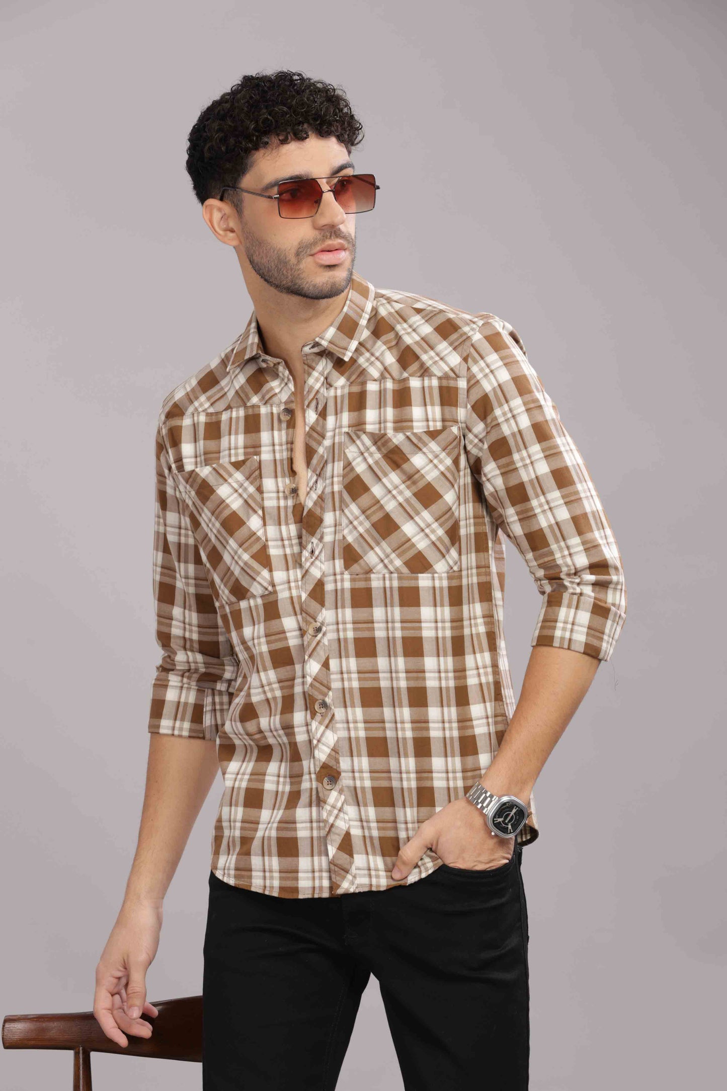 Golden Double Box Pocket Checks Shirt