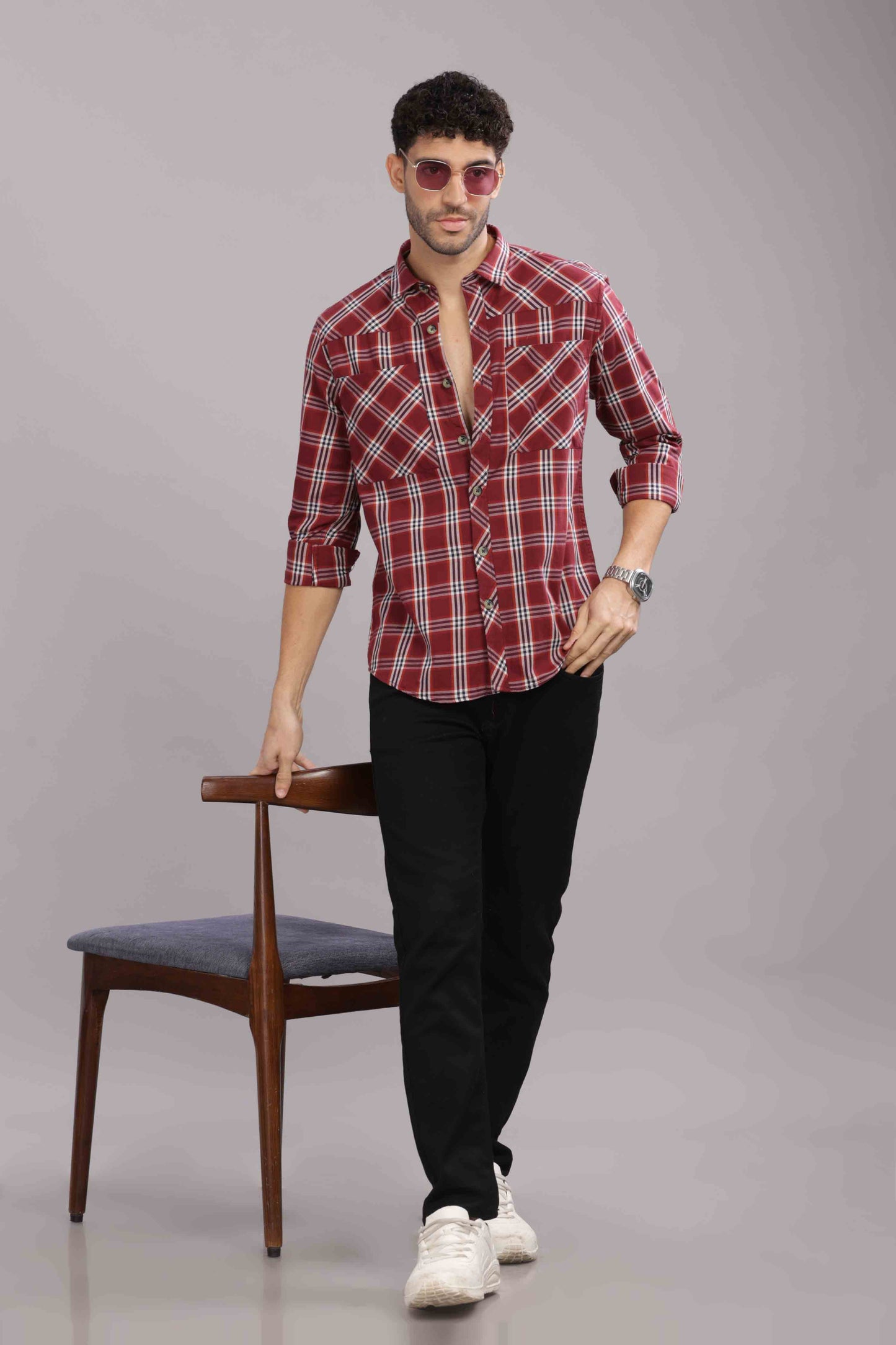 Dark Red Double Box Pocket Checks Shirt