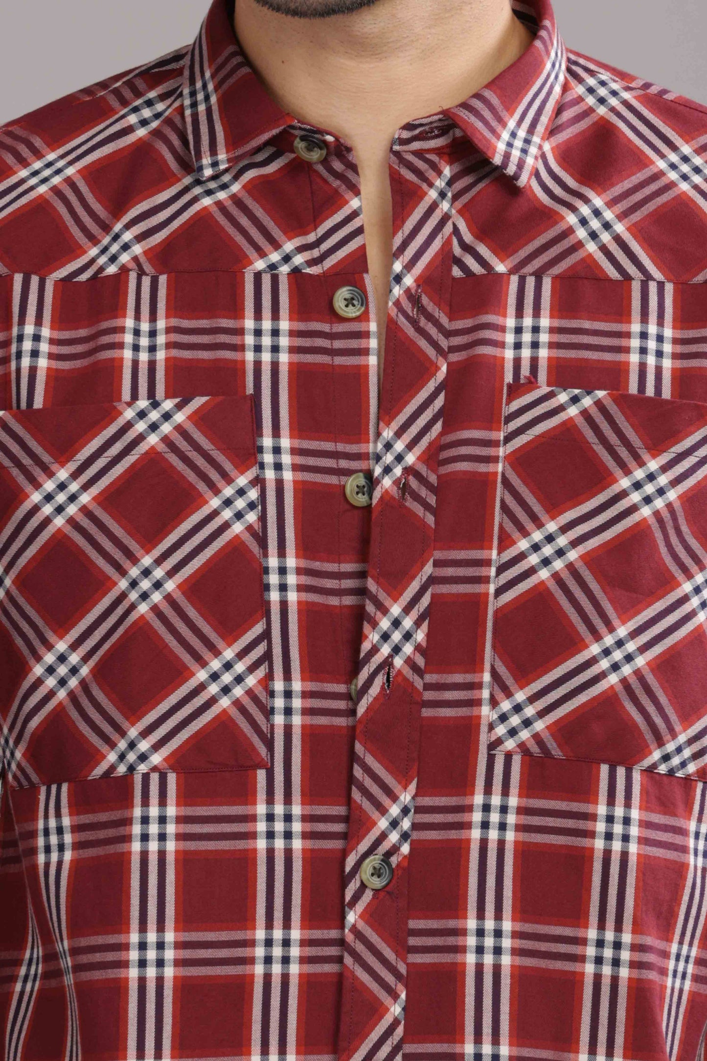 Dark Red Double Box Pocket Checks Shirt