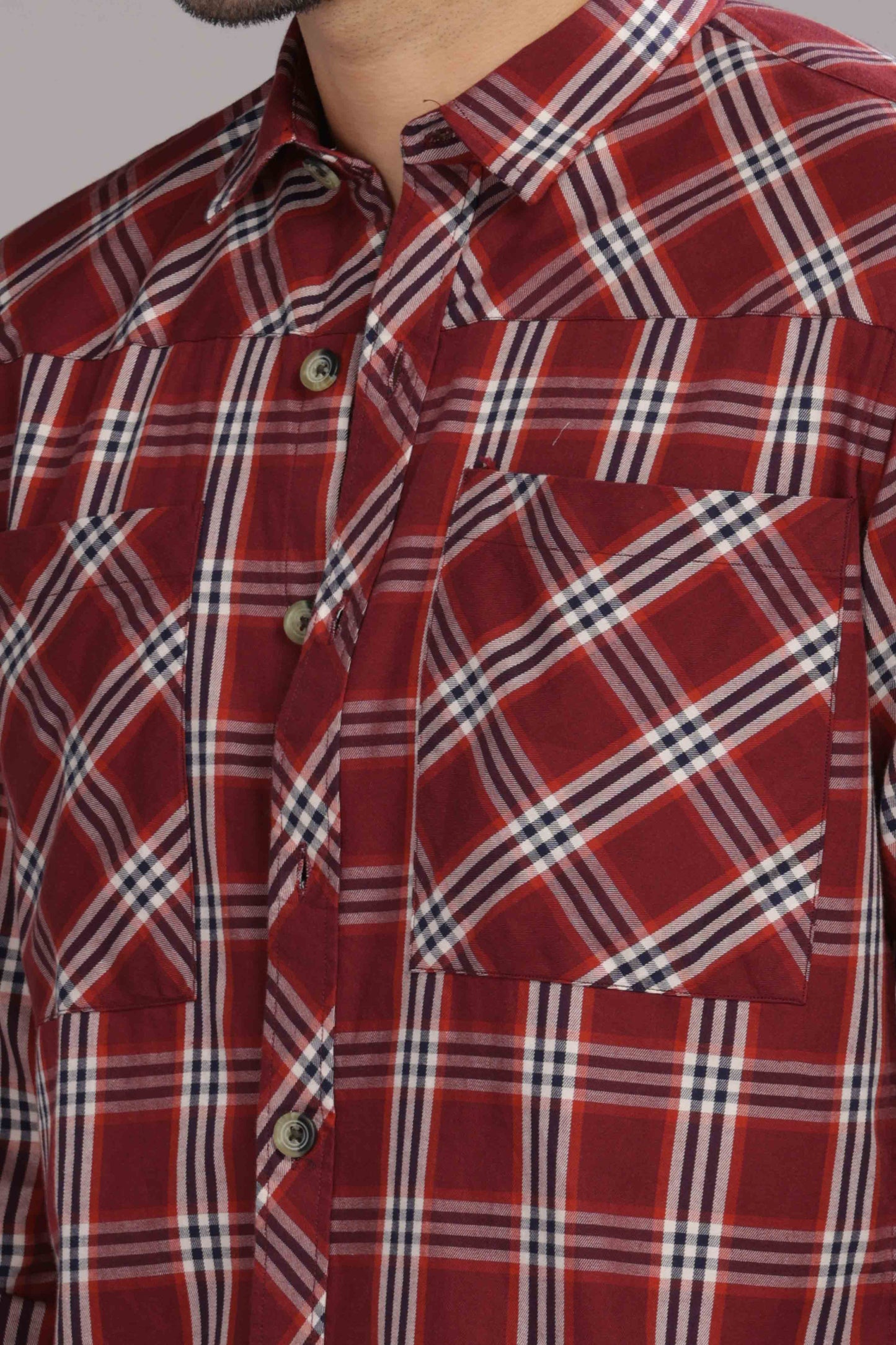 Dark Red Double Box Pocket Checks Shirt