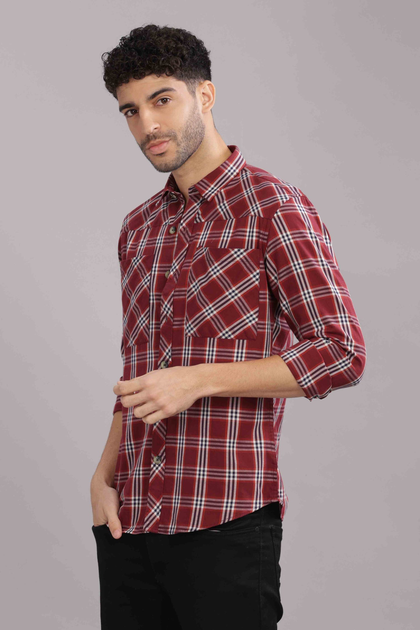 Dark Red Double Box Pocket Checks Shirt