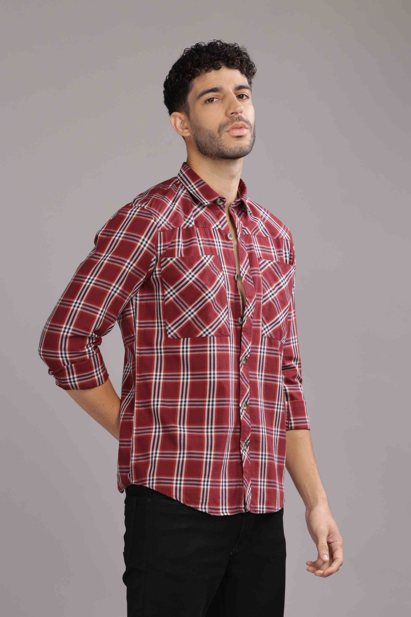 Dark Red Double Box Pocket Checks Shirt