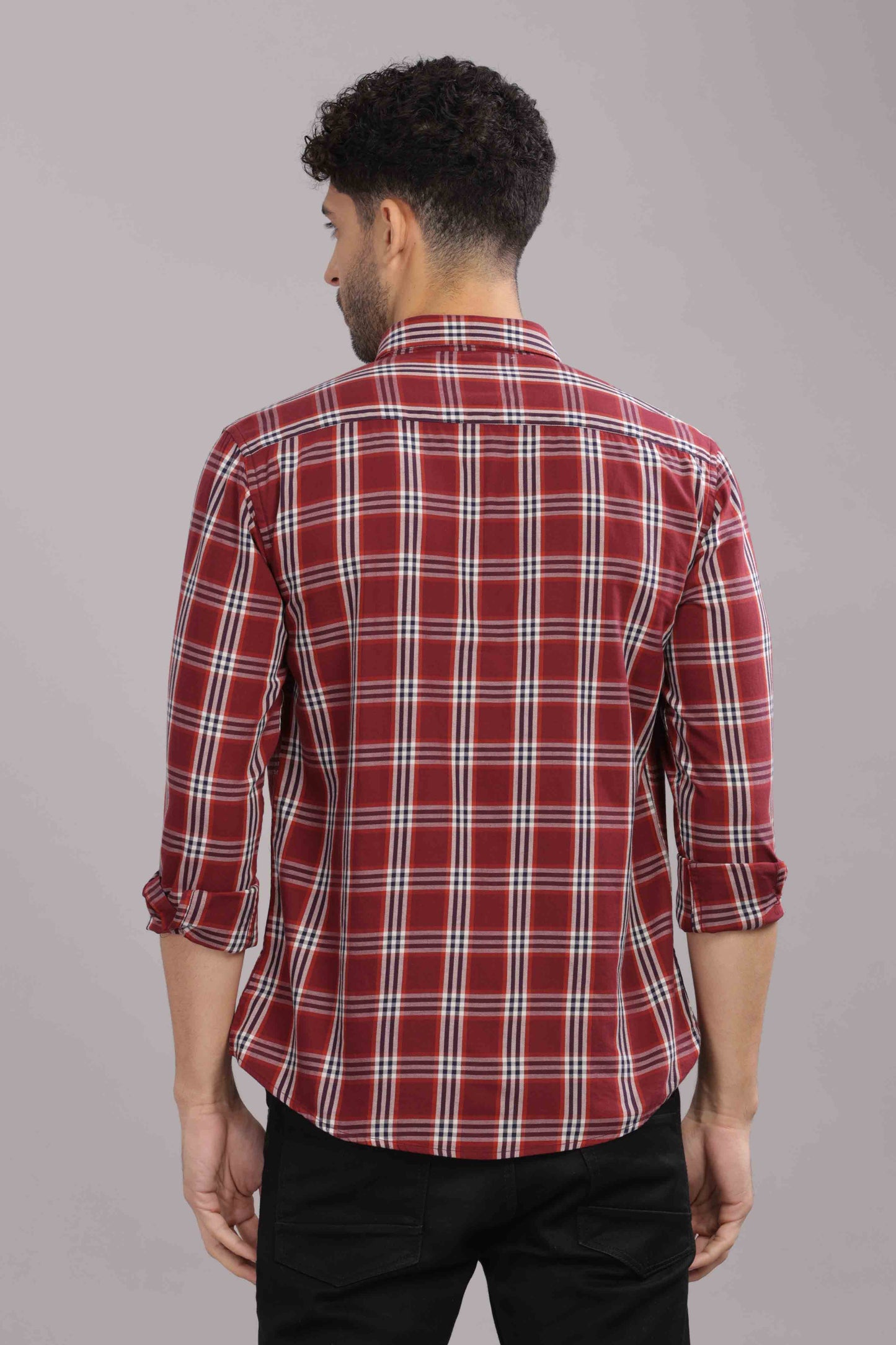 Dark Red Double Box Pocket Checks Shirt