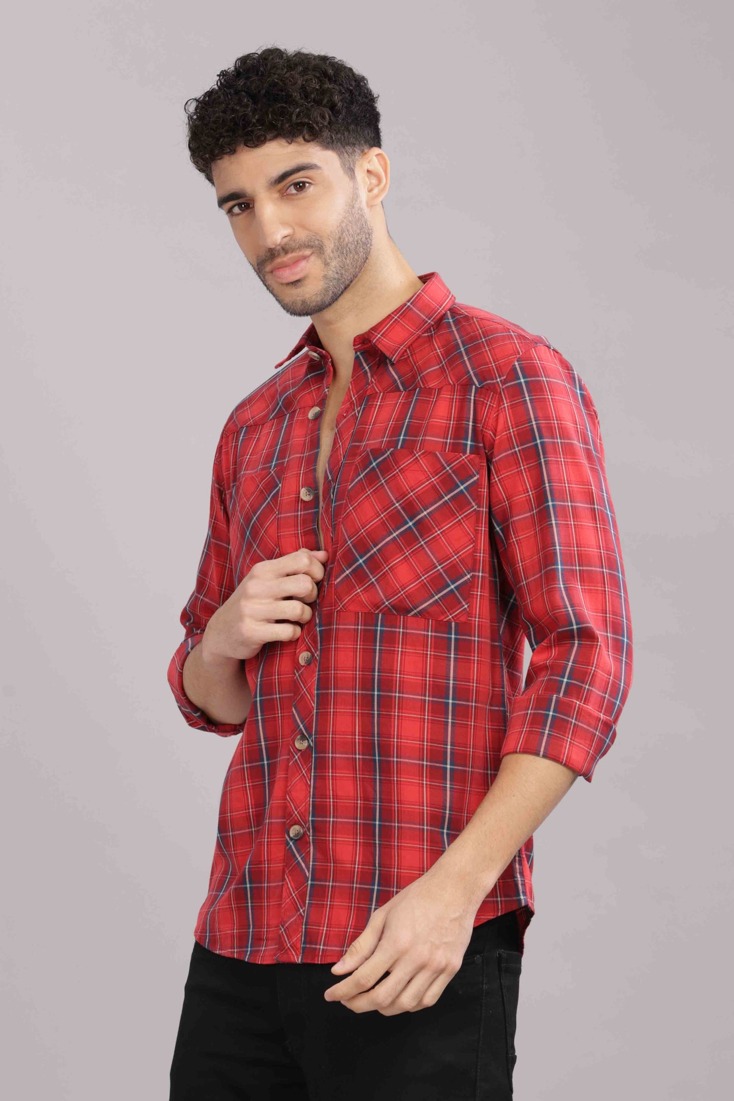 Red Double Box Pocket Checks Shirt